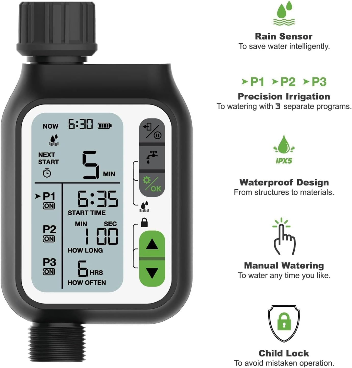 Ausale Digital Water Timer, Sprinkler Timer Programmable, Garden Hose Timers for Watering Large LCD Display, Manual Irrigation Mode, IP65 Waterproof Lawn Patio Farm (HCT355) image number 4