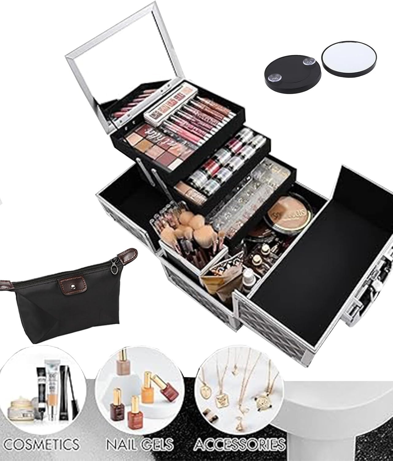 Makeup Box with Drawer, Waterproof Travel Train Case, Cosmetic Organizer and Makeup Suitcase ，Multi Compartments Beauty Box and Shoulder Strap (Black) - Black image number 6