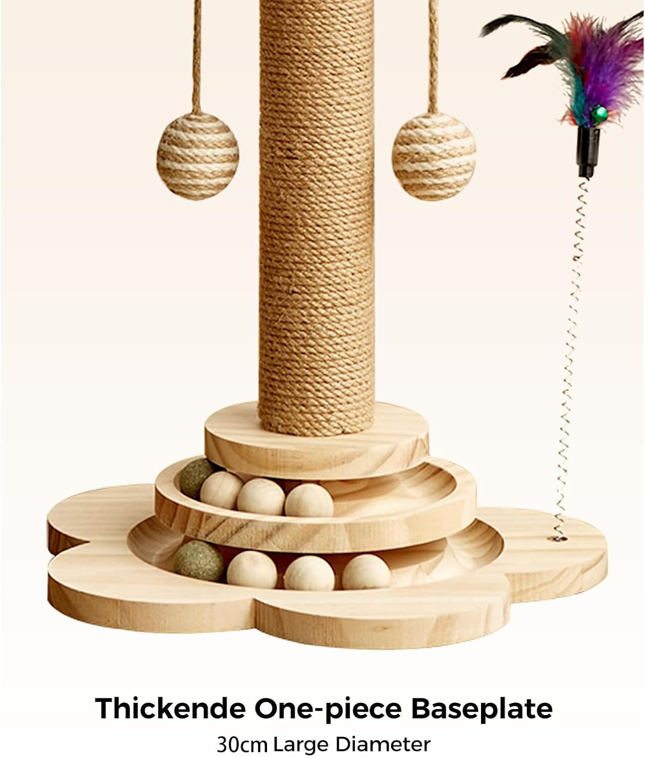 Multi-Functional Cat Scratching Post: 4-In-1 Wooden Cat Scratcher Toy, 45Cm Tall with Track Balls, Feather Toy, and Sisal Hanging Balls for Indoor Kittens and Adult Cats image number 4