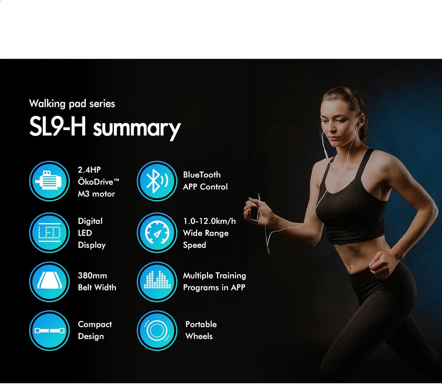 BLACK LORD Foldable Walking Pad Treadmill with Handle 2.4HP, 380Mm Belt Running Machine for Home Gym, Portable under Desk Treadmill Trainer with Remote Control, SL9-H Series image number 2