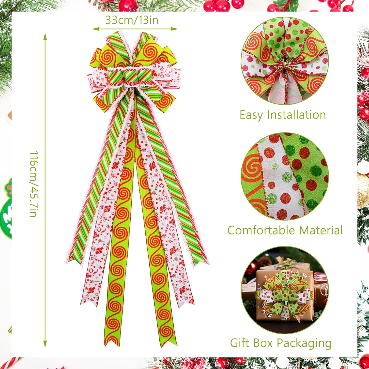 Christmas Tree Topper Large Green Christmas Bow Tree Topper, Candy Green Stripe Swirl Gift Bow for Xmas Tree Handmade Holiday Party Home Wedding Indoor/Outdoor Decorations -13 X 45 Inch image number 3