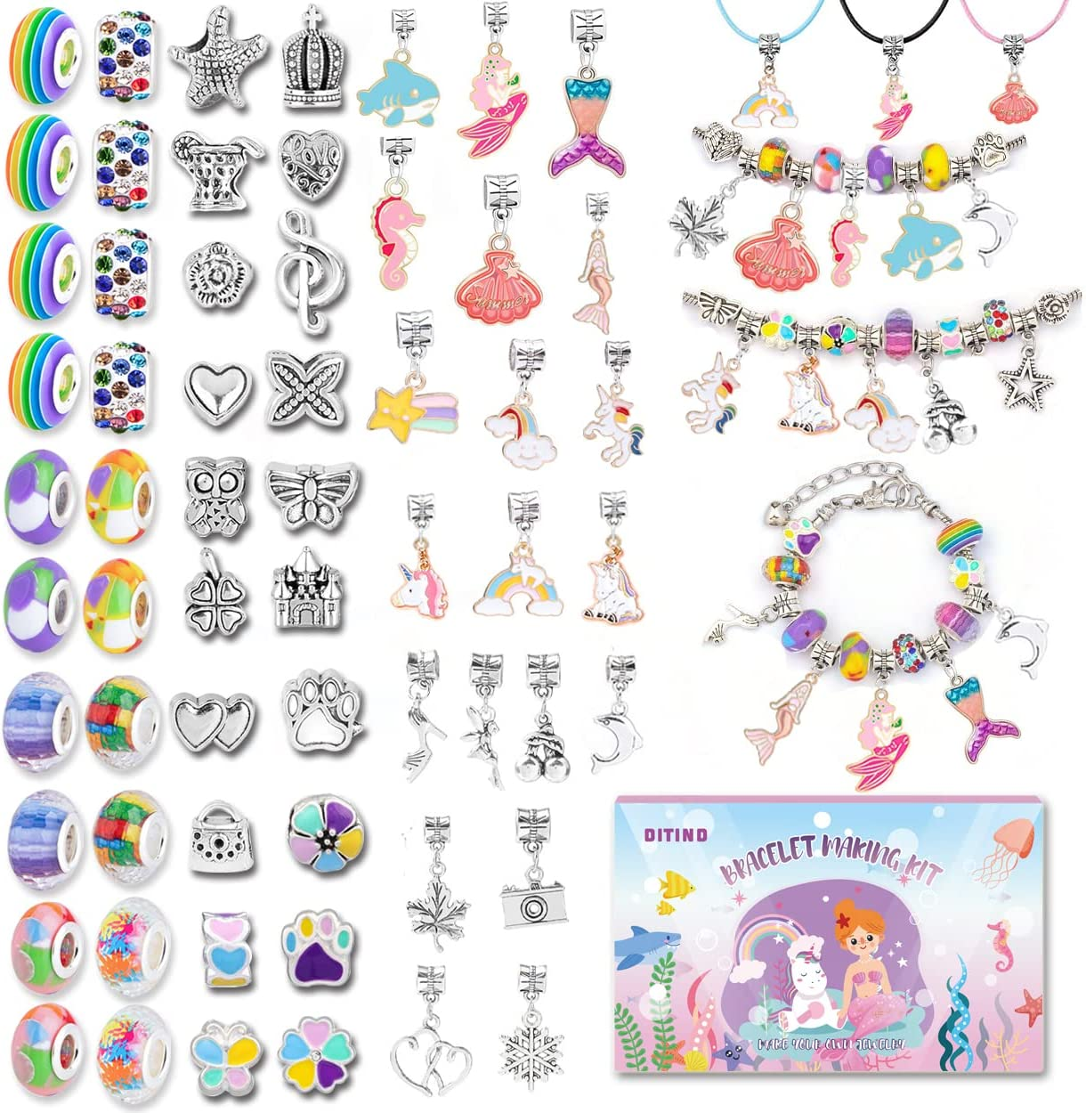 Charm Bracelet Making Kit for Girls, Unicorn/Mermaid Crafts Gifts Set, Teen Girl Gifts Jewelry Making Kit with Colorful Beads/Charms for Kids Ages 5 6 7 8 9 10-12.