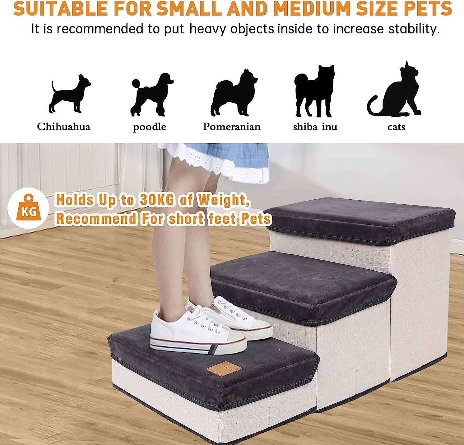 CULOTOL Dog Stairs for Small Pets - 3 Storage Boxes, Foldable Steps for Beds and Couch, Non-Slip Bottom