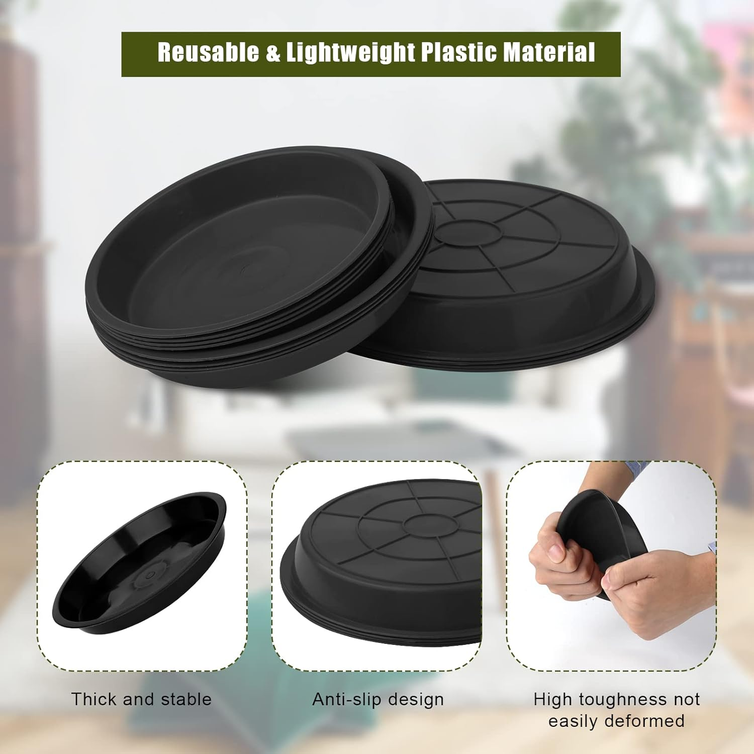 LUTER 12Pcs Garden Plant Saucer, 5.5/6.2/7 Inch round Plant Water Catcher Tray Plastic Plants Trays Flower Pot Drip Trays for Potted Plants (Black) image number 6