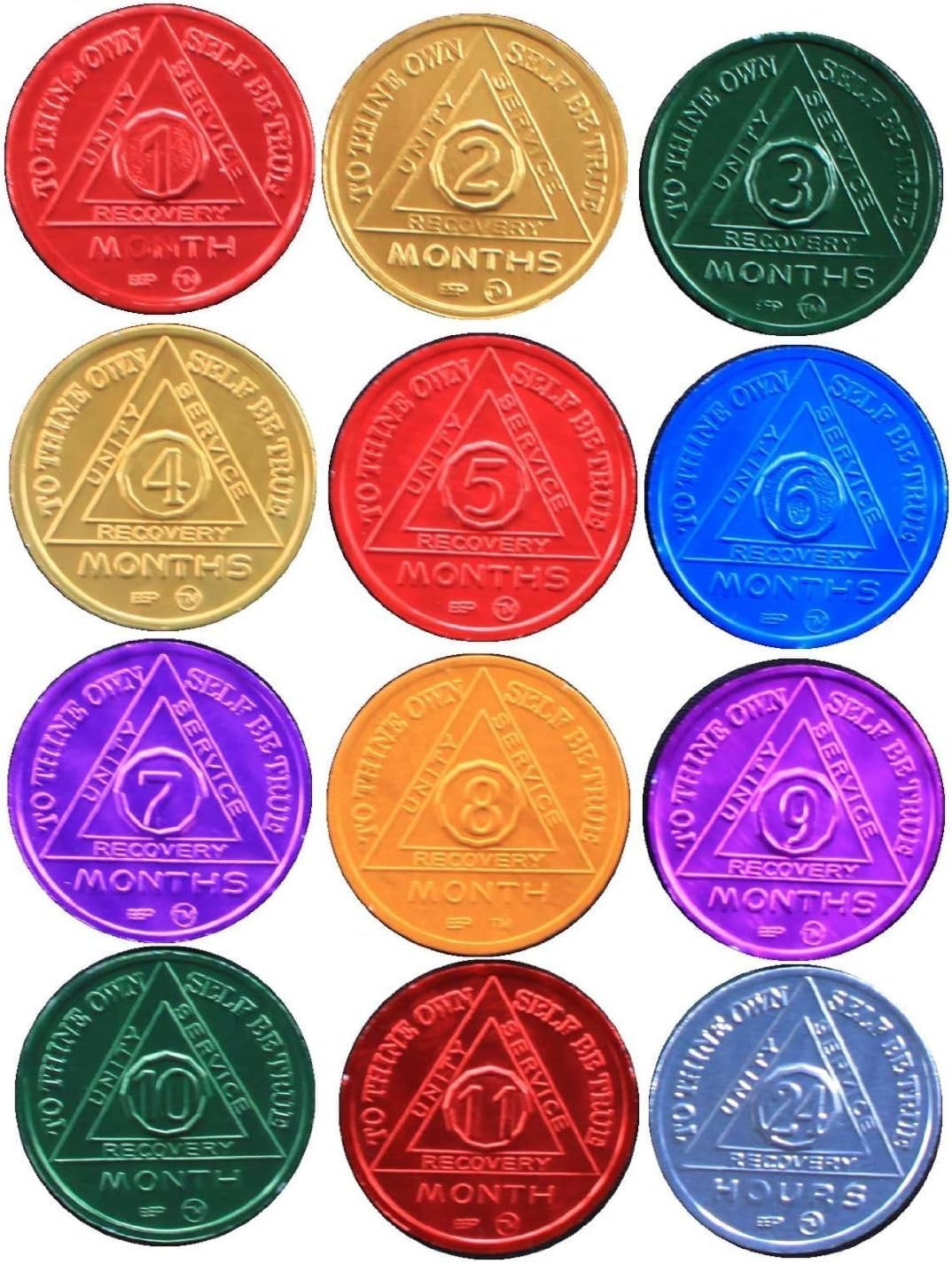 Set of 12 Month 1-11 and 24 Hours AA Medallions Aluminum Colored Sobriety Chips image number 1