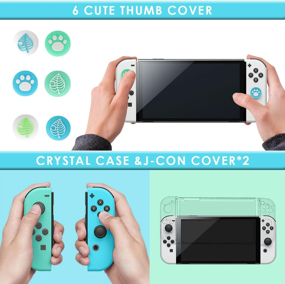 WOTOW 27 in 1 Accessory Kit for Nintendo Switch OLED with Animal Crossing Bag, Protective Crystal Cases for OLED, Tempered Films, Stand, Remote Sensing Caps, Game Card Case image number 5