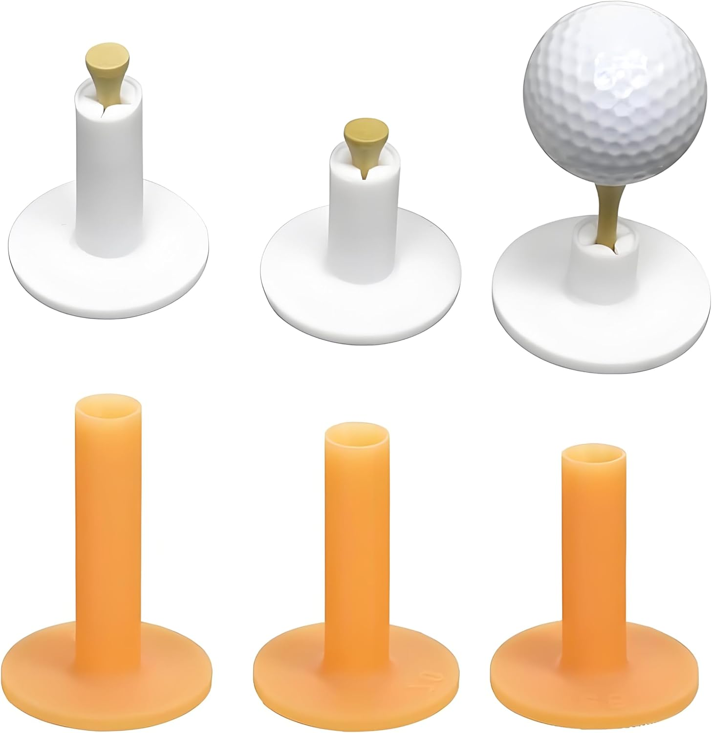 Golf Rubber Tees Holder Set, 6 Pieces Driving Range Tees, Multiple Heights 0.984-3.15 Inch, White and Yellow Plastic Colorful Golf Tees for Golf Practice Mat