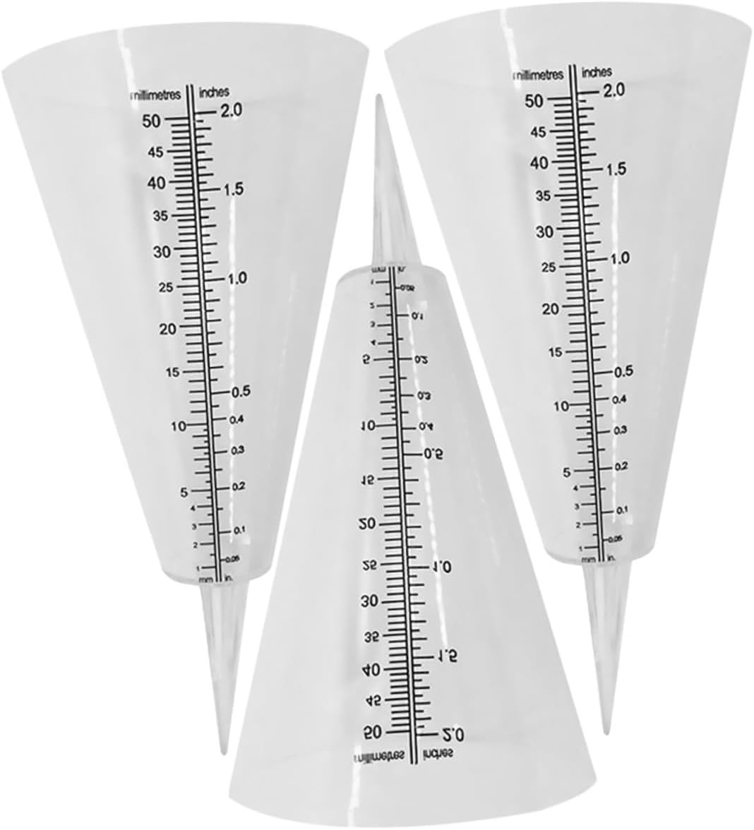 3Pcs Transparent Cone Shaped Rainfall Gauge Outdoor Rain Gauge for Garden Lawn Farming with Large Scale Measuring Cup