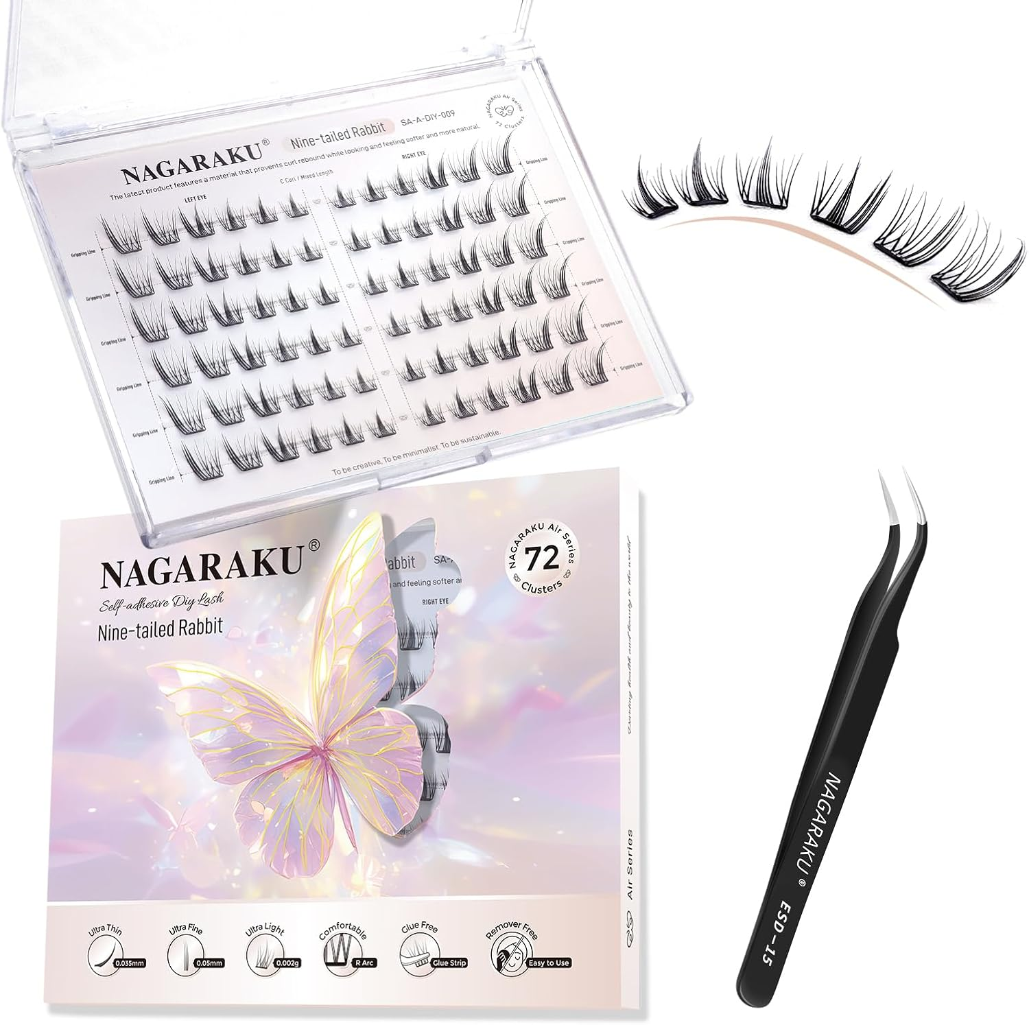 NAGARAKU Pre Glued Cluster Lashes Air Series Eyelashes Nine-Tailed Rabbit Style 72 Pcs No Glue Needed Pre-Bond Eyelashes Self Adhesive DIY Lashes（0.07Mm C Curl Mix Length) image number 4