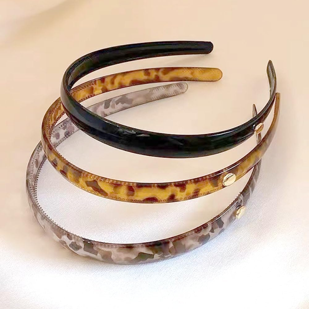 FQYN 3Pcs Retro Leopard Print Headbands Set, Fashion Acetate Hair Bands Black Head Bands Non-Slip Tortoise Headband with Teeth, Tortoise Shell Headband Hair Style Accessories for Women and Girls image number 1
