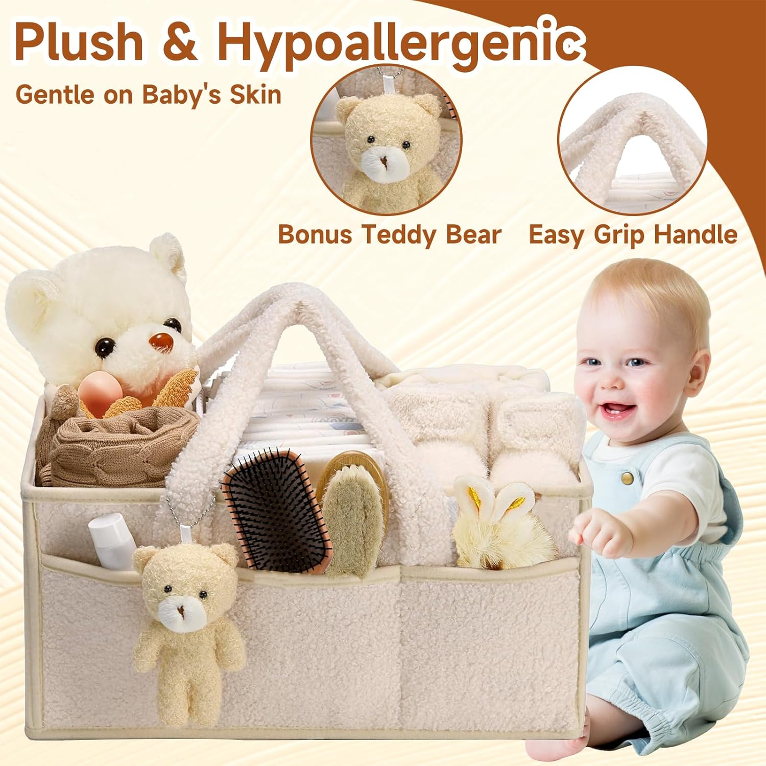 Togemvvs Baby Diaper Caddy Organizer, Baby Storage Basket for Diapers and Wipes, Portable Nappy Caddy with Bear (Ivory White) image number 3