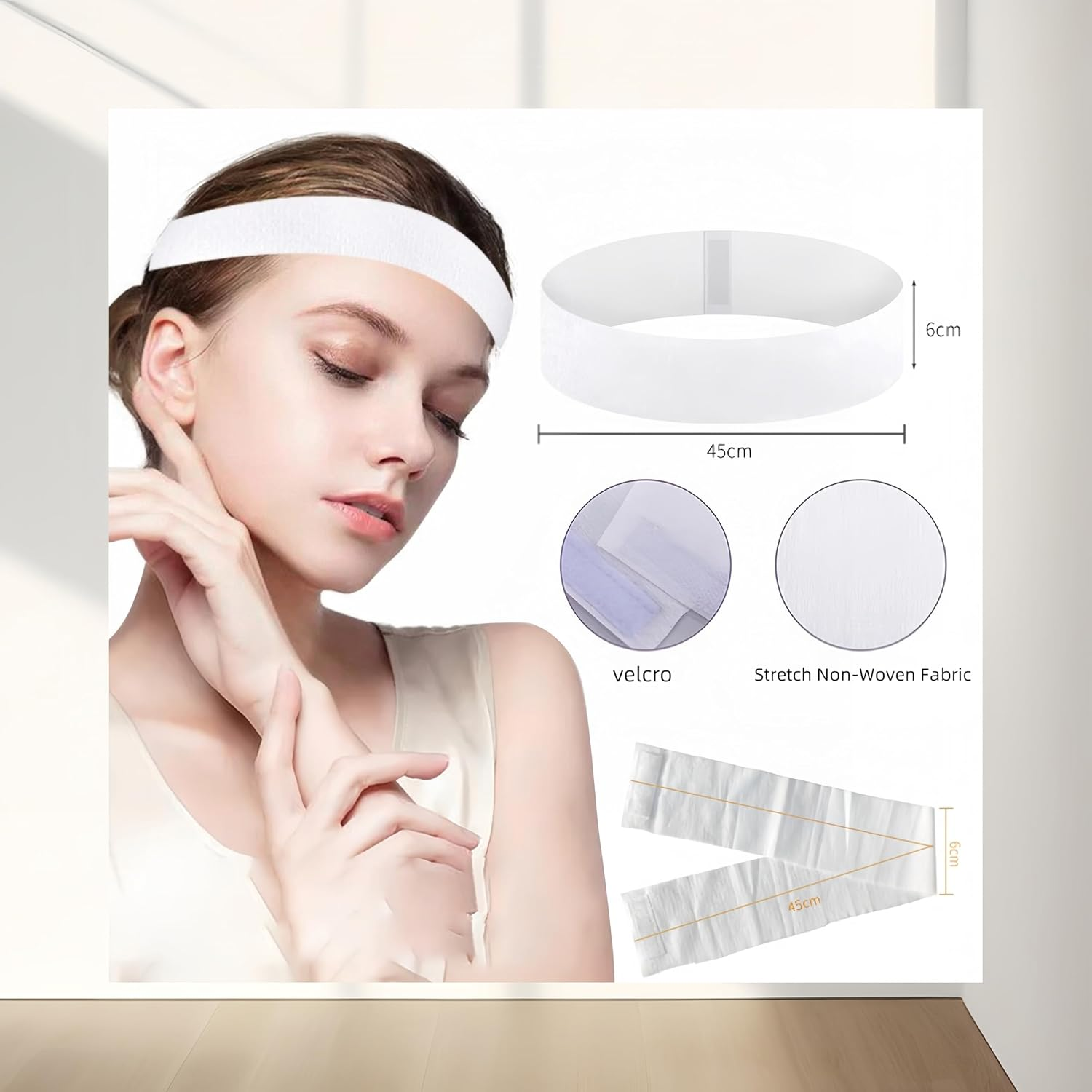 Acycoin2A 100PCS Disposable Stretchable Headband with Closure for Spa Facial Treatment Non-Woven Individually Wrapped Hair Wrap image number 1