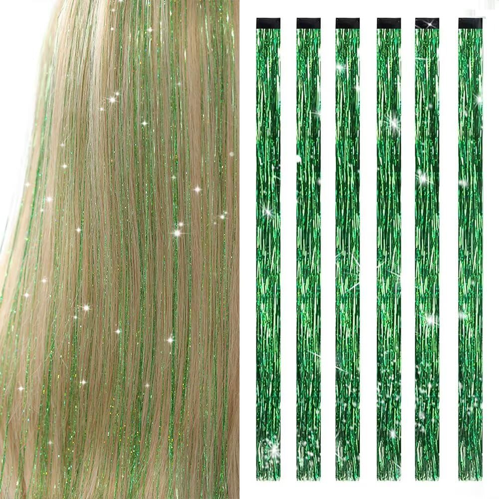 Hair Tinsel Blue 1200 Strands 48 Inches Sparkling Tinsel Hair Extensions, Fairy Hair Tinsel for Birthday Halloween Christmas New Year Party