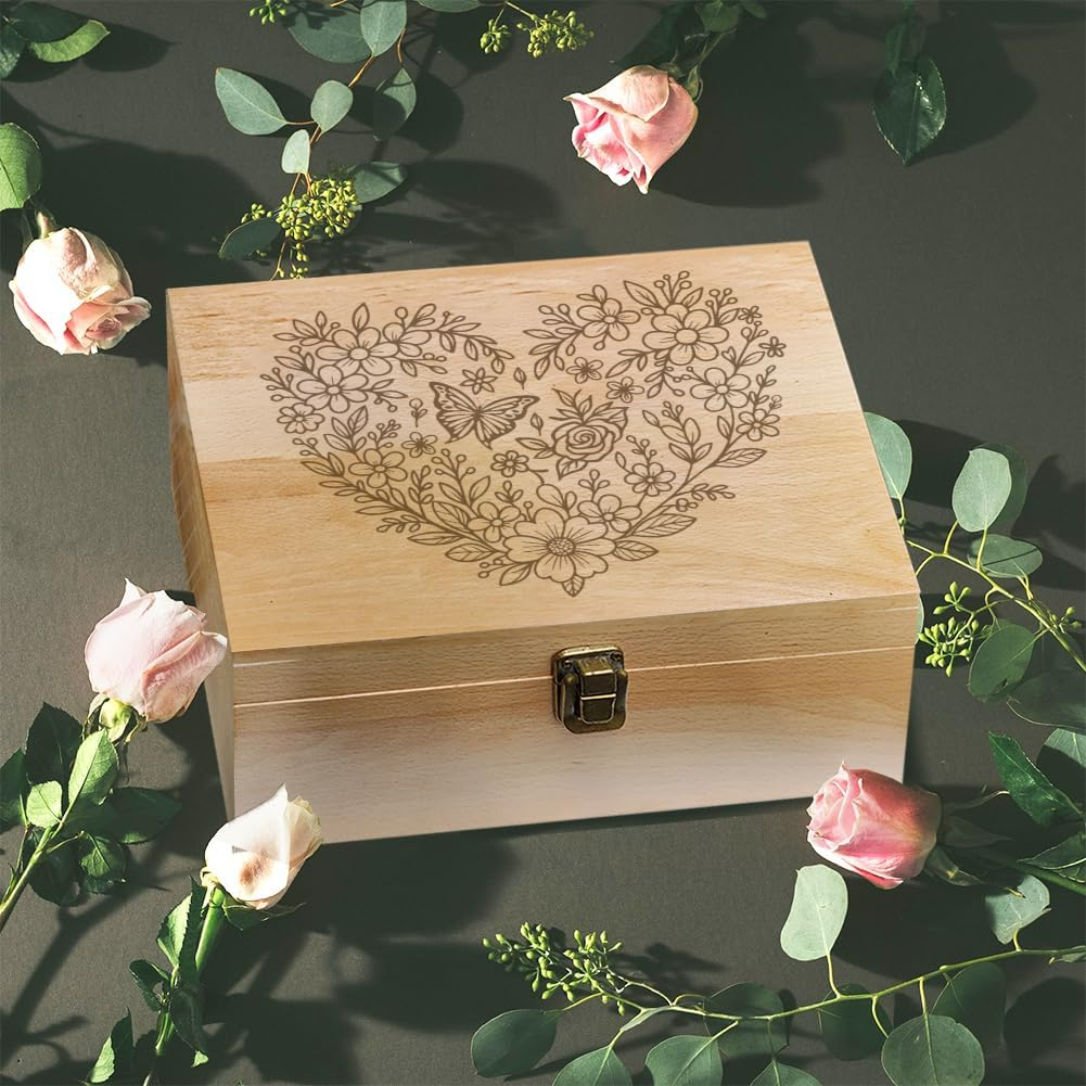 Arricraft 1 Pc Wooden Memory Keepsake Box, a Heart Shape Made up of Flowers and Butterflies Storage Decorative Memory Wooden Box with Hinge Lids for Photos Dvds Letters Holding 24.5X19.5X10.3Cm image number 6