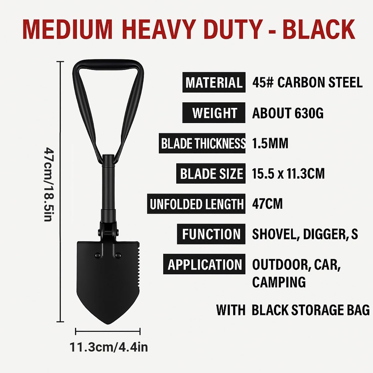 AIMALL Multifunctional Folding Engineer Shovel with Pickaxe & Saw, 18.5In Carbon Steel Outdoor Survival Tool for Camping, Fishing, Gardening, Car Emergency Rescue Use