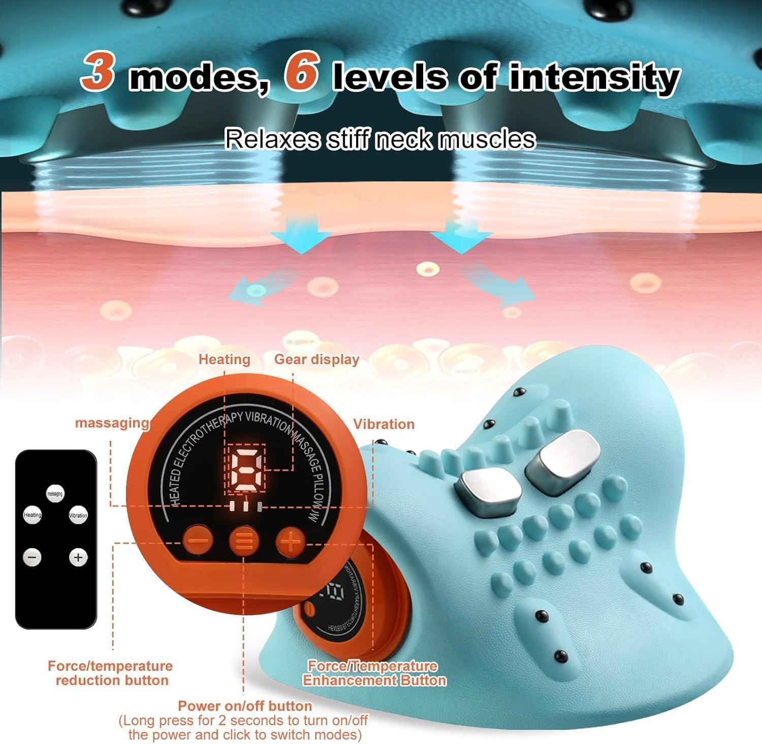 Neck Massager, Neck Stretcher and Shoulder Relaxer with Heat, Portable Cordless Shoulder Cervical Traction Device for Pain Relief Electric Massager Pillows (Blue)