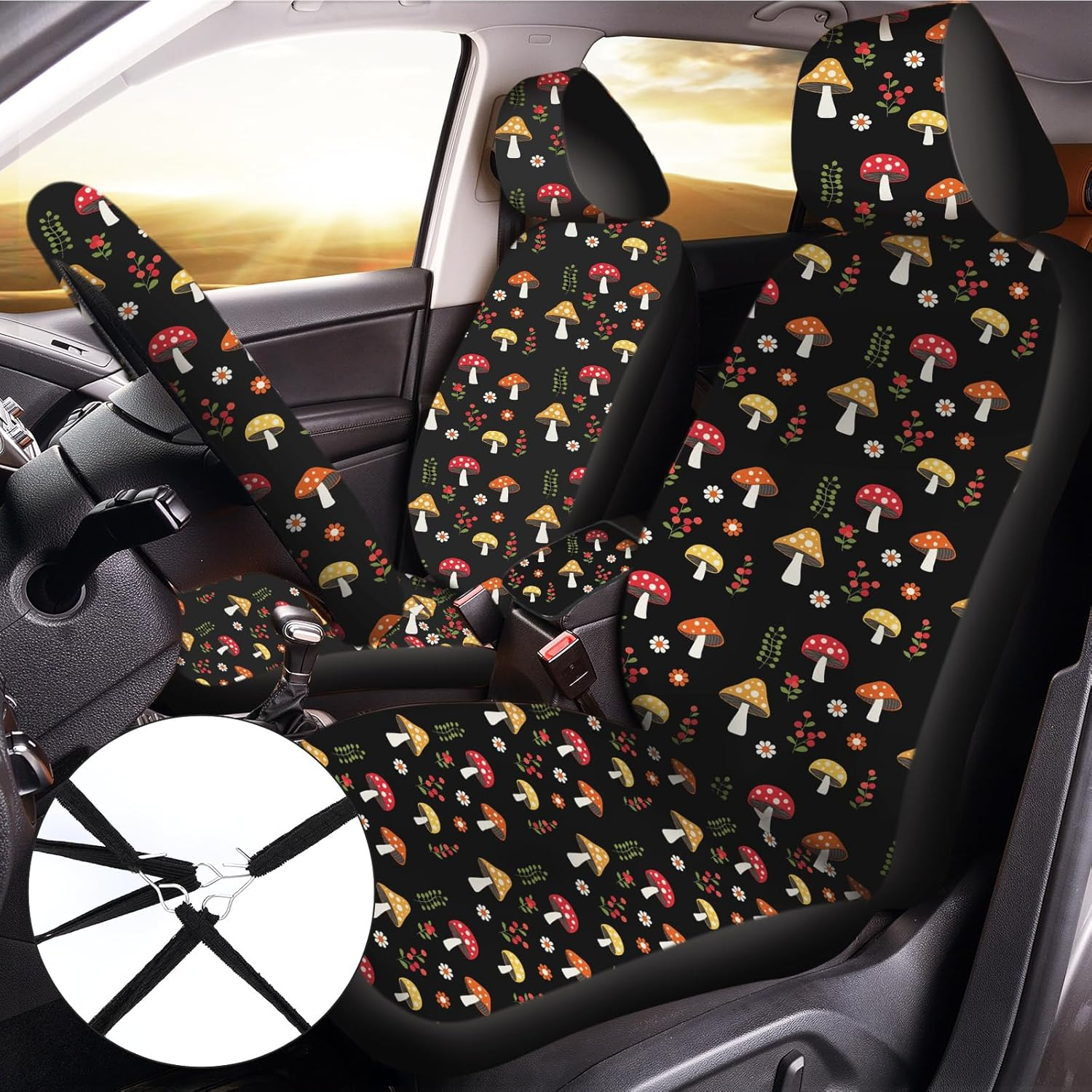 Riakrum 17 Pcs Mushroom Car Seat Covers Mushroom Car Accessories Full Set for Women Men Automotive Rear Front Seat Protector View Mirror Hanging Ornament Steering Wheel Belt (Cute Retro Mushroom) image number 6