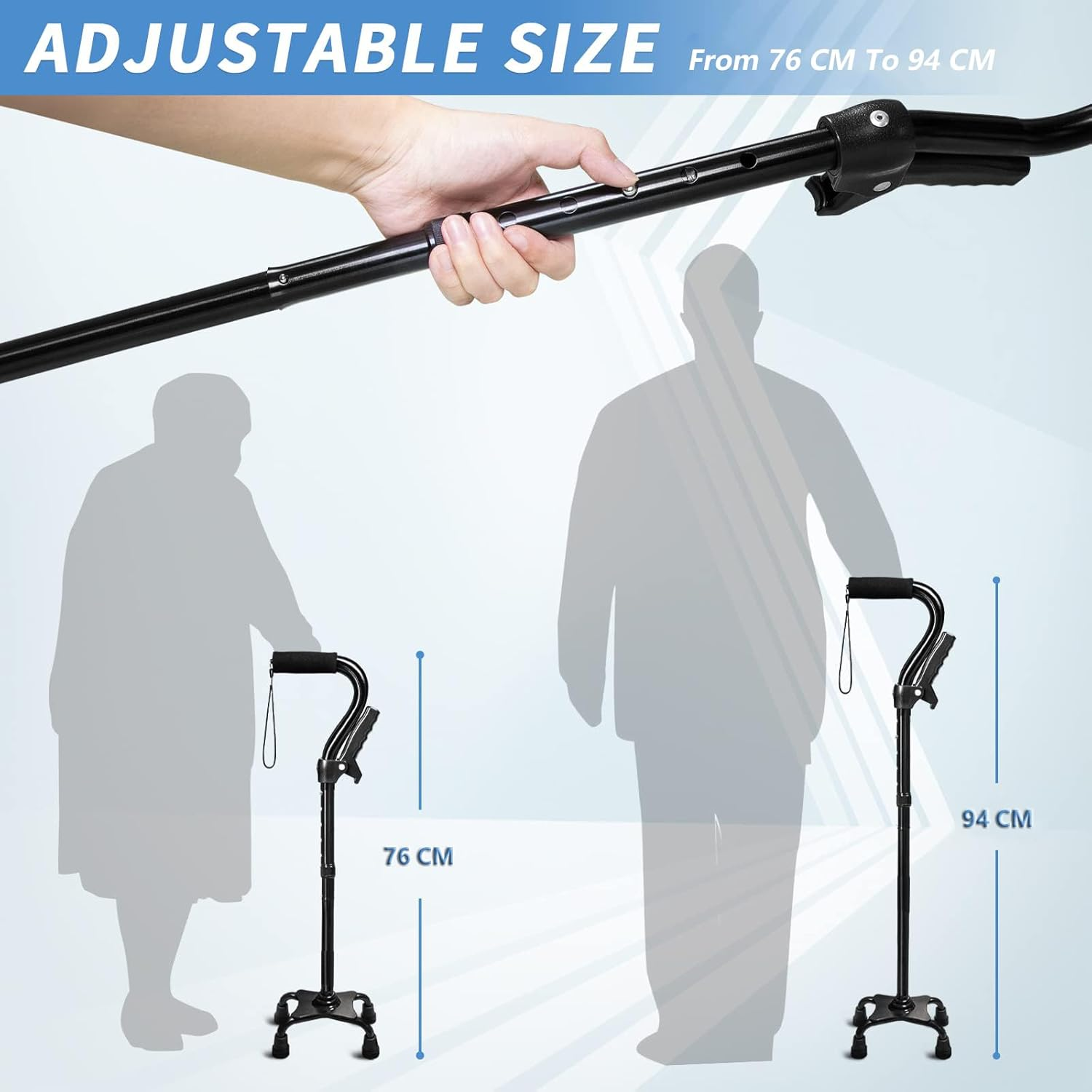 Adjustable Walking Cane for Men & Women with 4-Pronged Base for Extra Stability - Foldable Cane for Seniors with Foam Padded Offset Handle for Soft Grip & a Second Handle for Standing Black image number 5