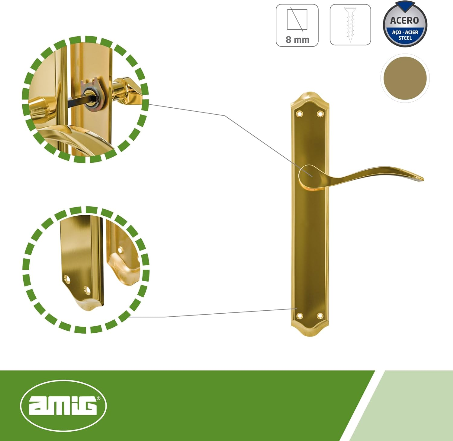 Amig - Door Handle Set with Plate | Beta Handle | Made of Steel | 256 X 48 Mm | Square Pin 8 Mm | Matt Brass-Plated