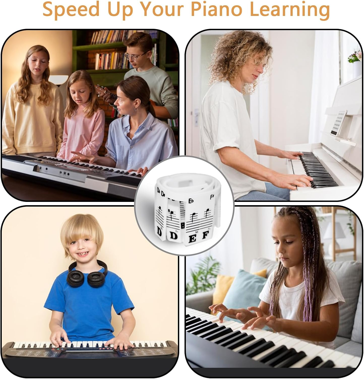 Azymi Removable Piano Keyboard Note Labels, Piano Letters for Keys 88/76/ 61/54/ 49/37, Reusable Silicone Strips Black Large Bold Letter for Kids Beginners image number 6