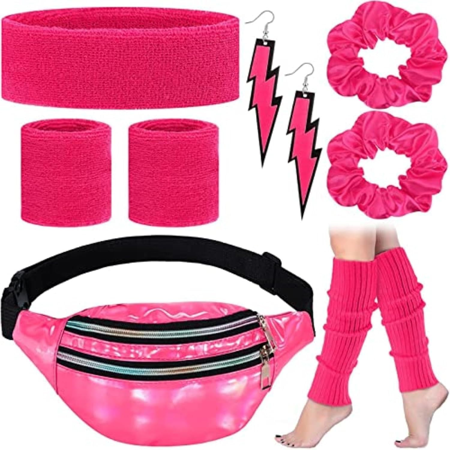 80S Women Neon Leg Warmers Headband Wristbands Holographic Fanny Pack Sport Accessories Set for 80S Eighty'S Party Yoga image number 2