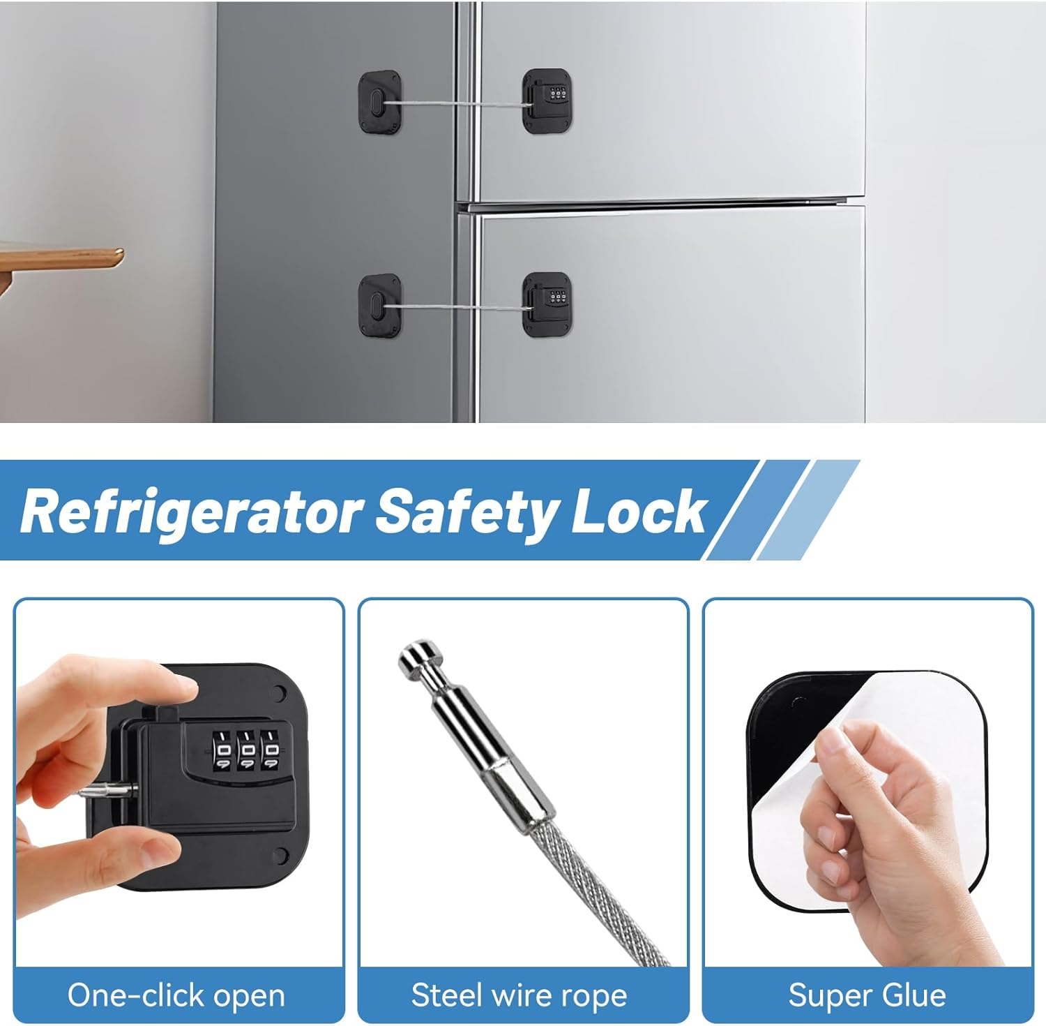 4PCS Combination Fridge Lock - Drill-Free Square Cabinet Latch for Home Safety, Universal Fits Door/Freezer/Window/Drawer/Toilet, Home Hardware (Black, White)