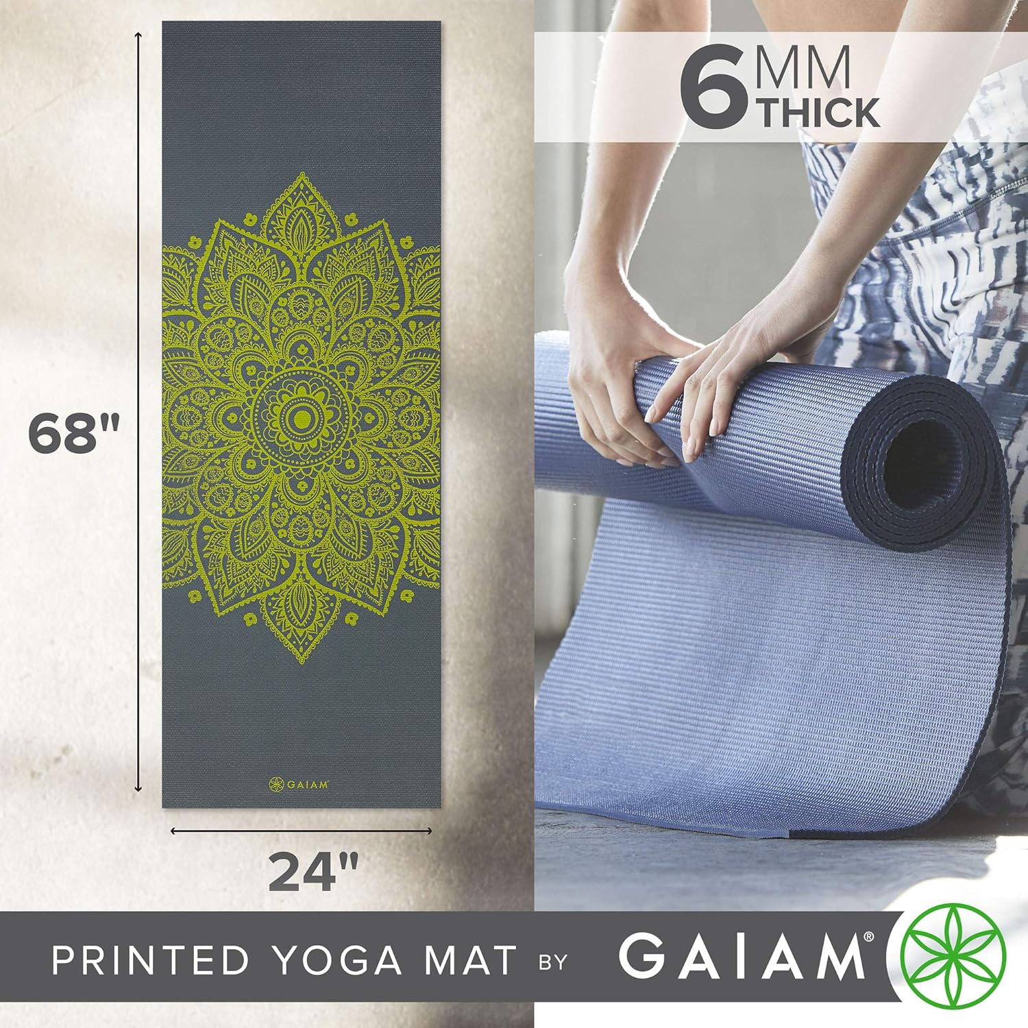 Gaiam Yogamatte - Premium 6 Mm Bedruckt Extra Dick Rutschfest F&uuml;r Alle Arten Von Yoga, Pilates Und Boden-Workouts (L X B X T): 172 Cm X 61 Cm X 6 Mm image number 1