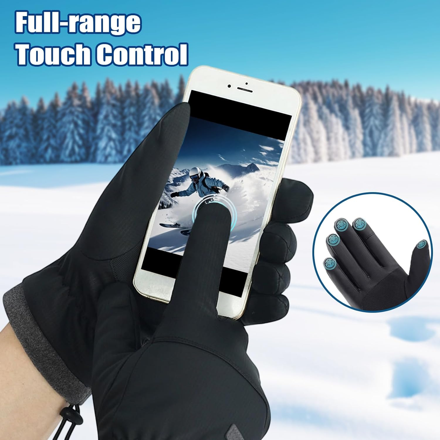 VIIOTU Ski Gloves for Men & Women - Winter Snow Gloves Waterproof Touchscreen, Thermal Windproof for Skiing, Cycling, Running (Texting, Adjustable Cuff) - Black image number 6
