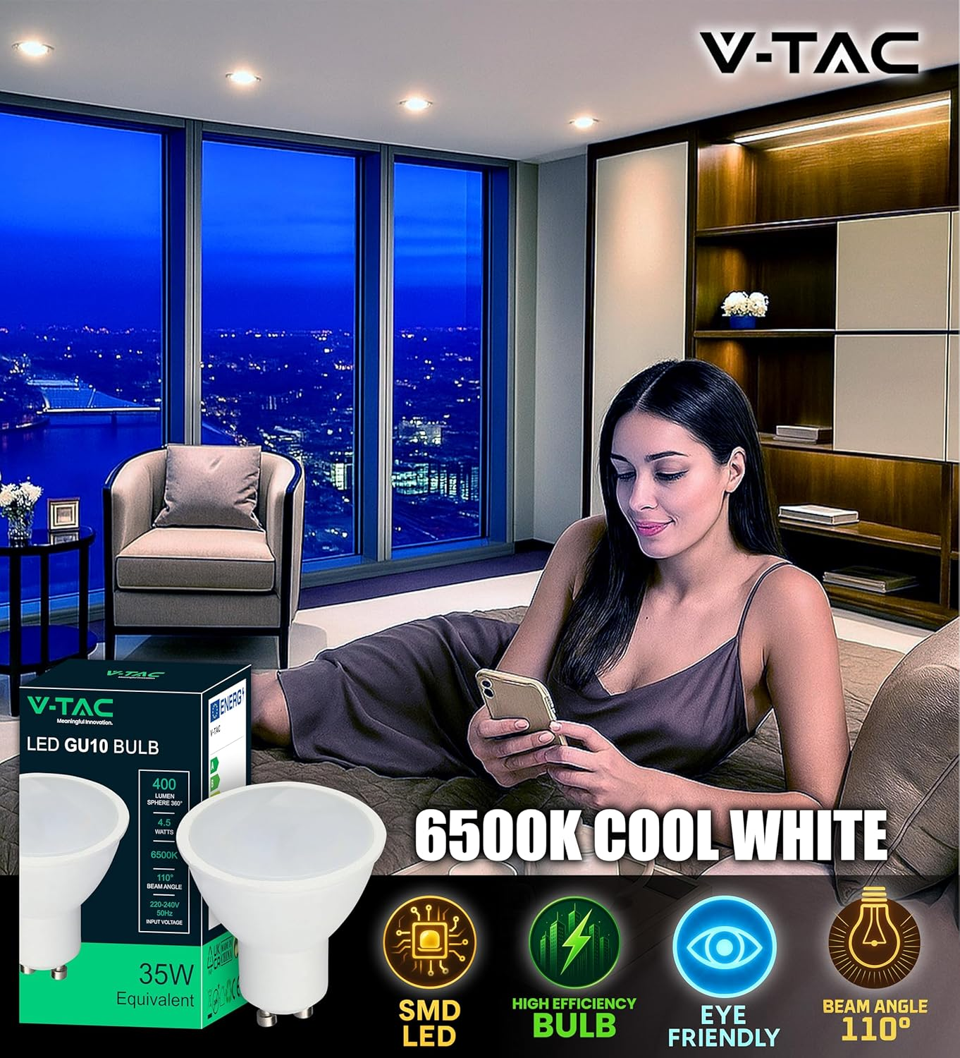 V-TAC 10 X GU10-4.5W LED Bulbs (35W Equivalent) - 400 Lumen - GU10 LED Spot Light for Maximum Efficiency and Energy Saving - Cool White 6500K