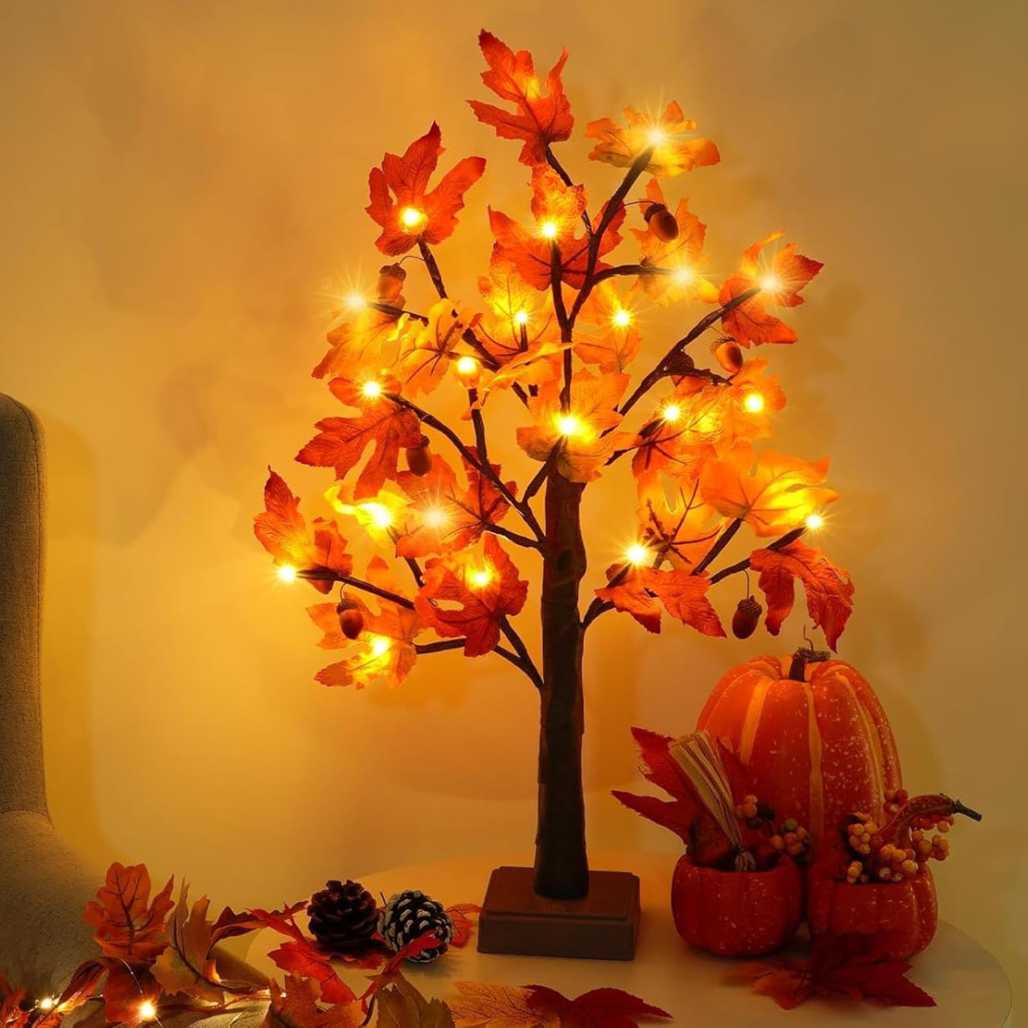 Fall Lighted Maple Tree with Acorns Halloween Chirstmas Decoration Thanksgiving Table Centerpiece Decoration| 48 Leaves and 24 LED Lights | Autumn Harvest Indoor Decor image number 4