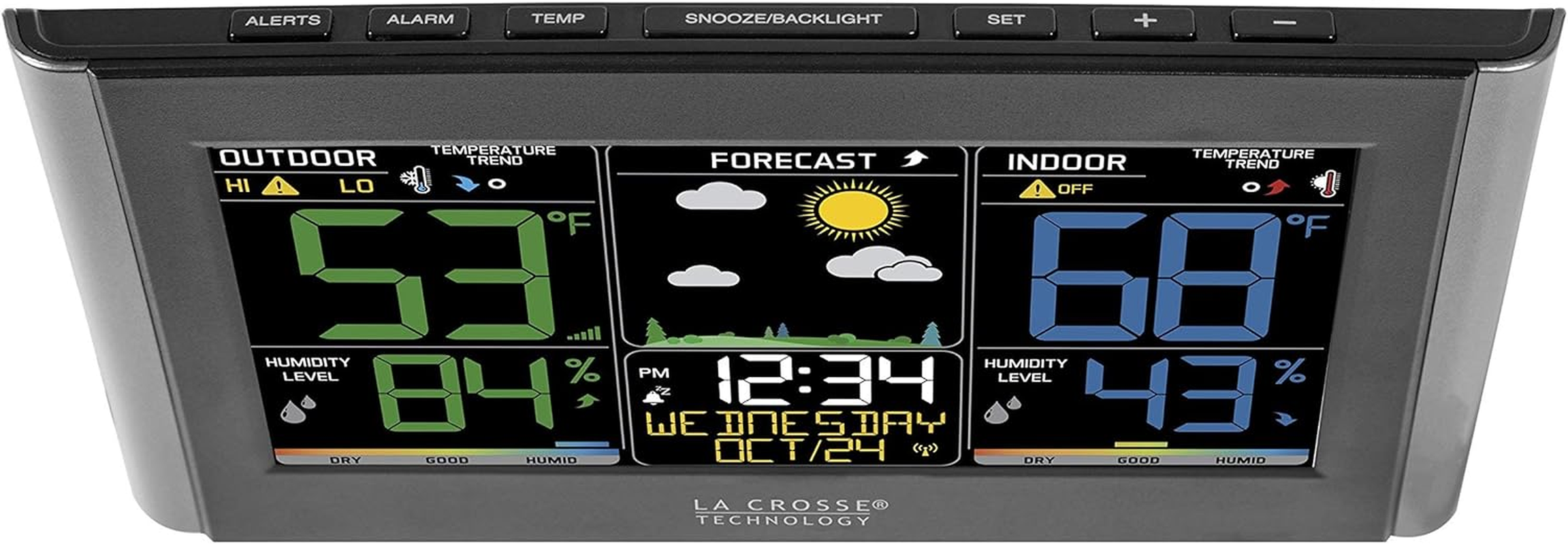 La Crosse Technology Weather Station with Customizable Alerts, Weather Forecast, Temperature, Dew Point, Humidity, Time, Heat Index, Large Display, Adjustable Brightness, Wireless, Black, C85845-INT image number 3