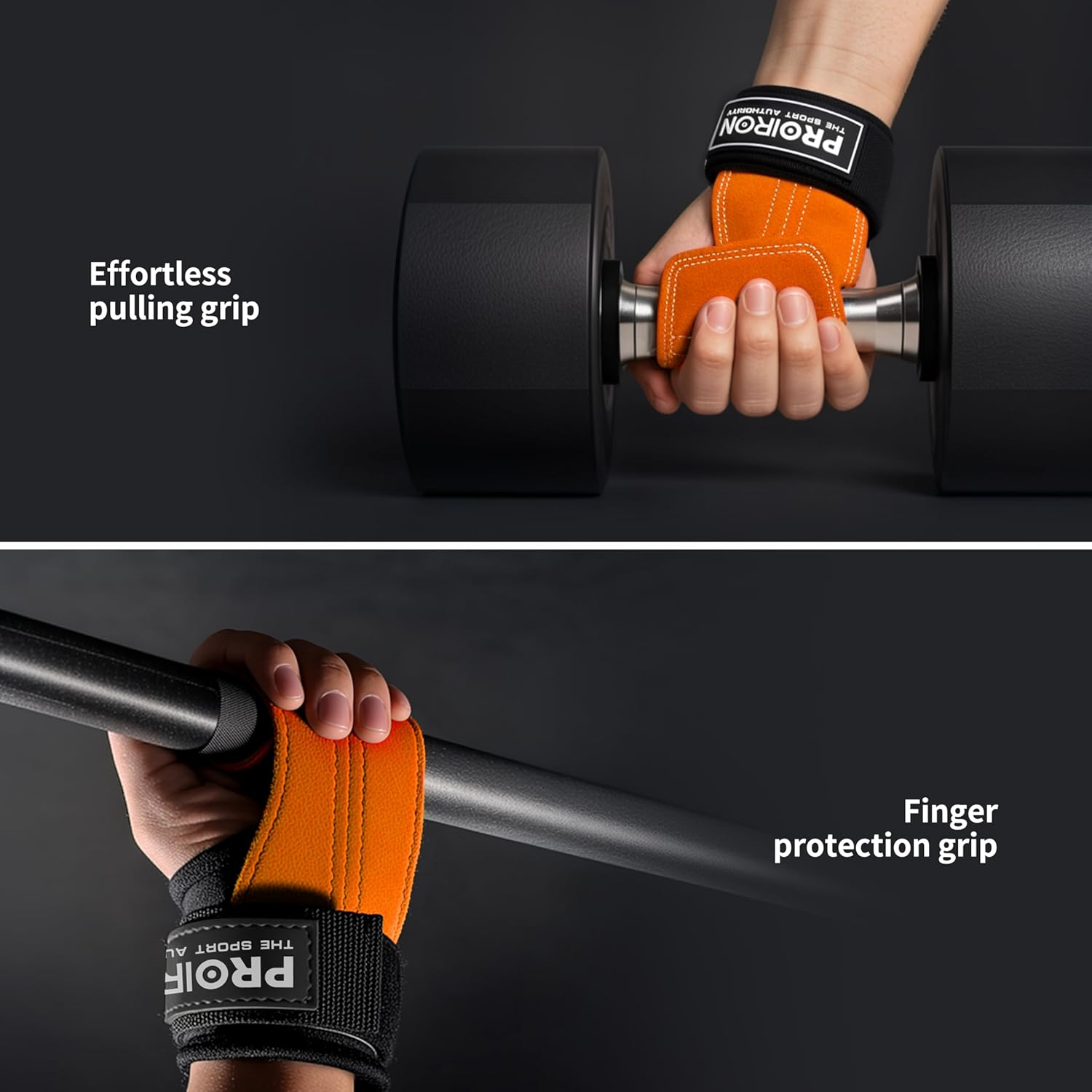 PROIRON Weight Lifting Wrist Straps Double Layer Leather Weightlifting Wrist Strap Heavy Duty Power Wrist Straps Hand Grip Support for Deadlifts, Pull Ups, Shrugs for Men and Women(Pair) - Orange-L image number 3