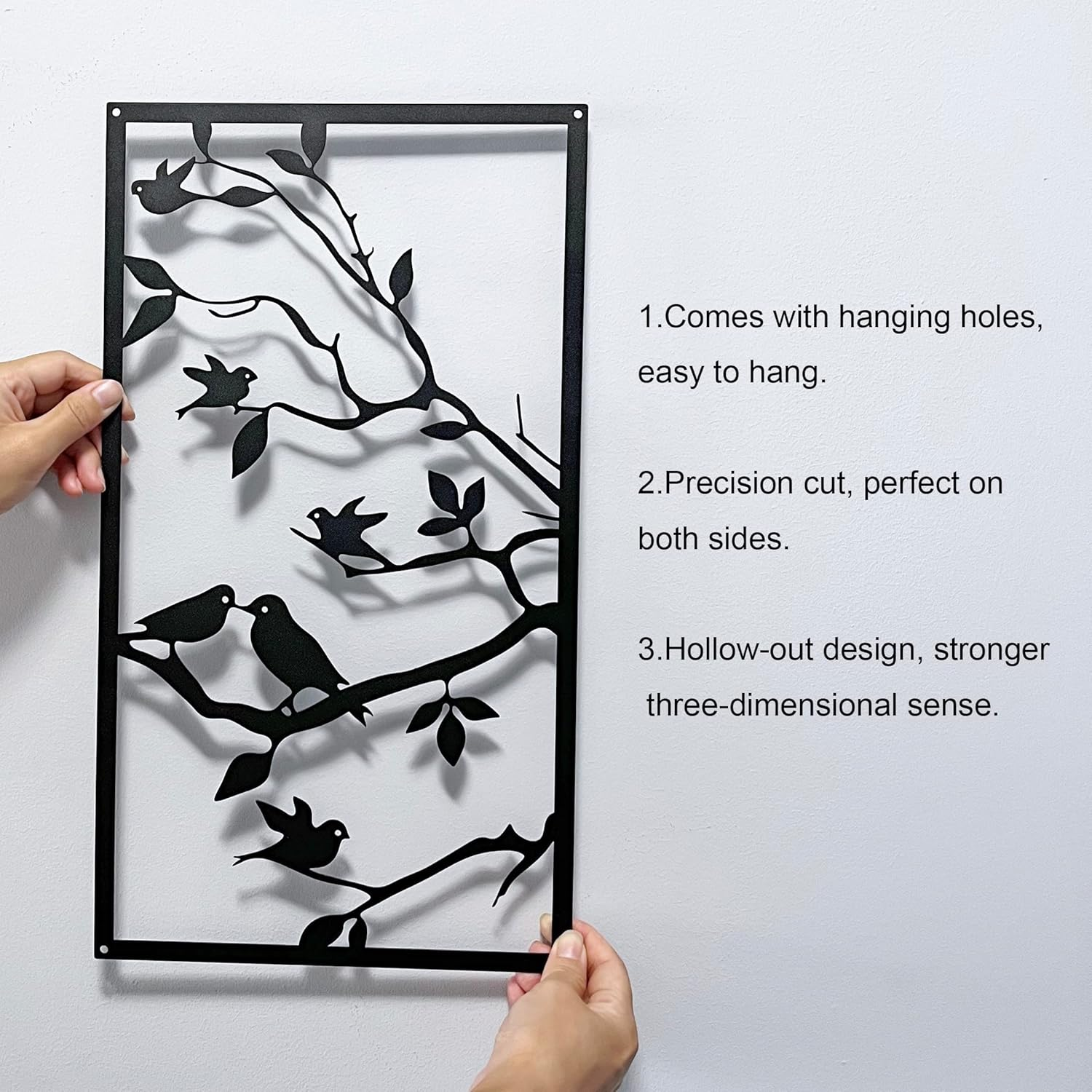 3 Pcs Birds on Branch Large Metal Wall Art Decor,Black Tree of Life Silhouette Sculpture,Leaves with Birds Metal Ornament Hanging Sign for Home Garden Office Living Room Indoor Outdoor image number 2