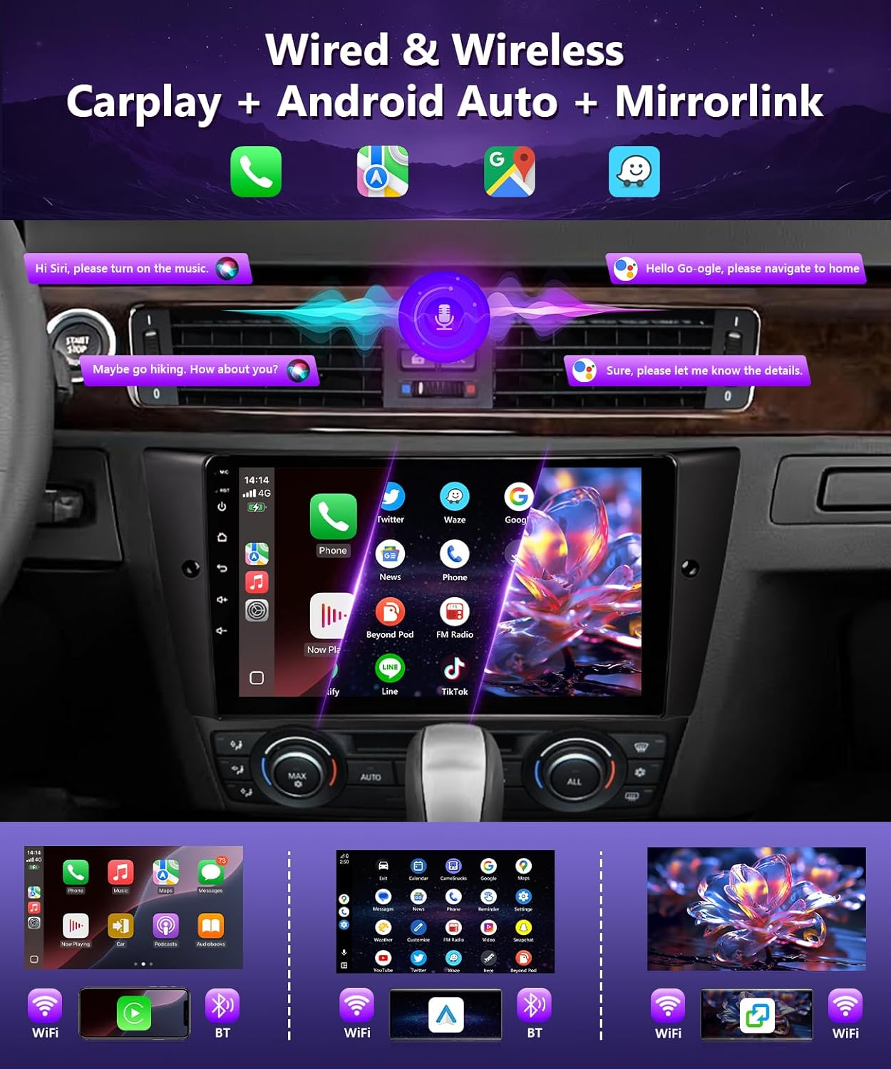 Car Stereo for BMW 328I 335I 325I E90 E91 E92 E93 2005-2011 Radio Wireless Carplay Android Auto, 9" IPS Touch Screen for BMW 328I Stereo BT/FM RDS Dsp/Gps/Wifi/Swc/Ahd Camera + CANBUS(4+64GB)