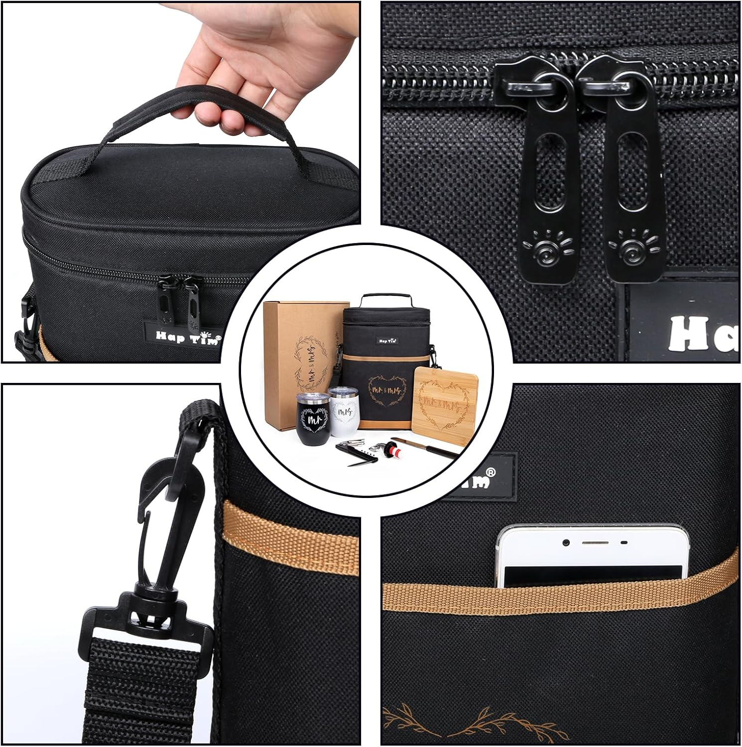 Hap Tim Wedding Gifts for Couples, Bridal Shower Gifts, Engagement Gifts for Newlyweds, Mr and Mrs Gifts - Wine Cooler Bag Insulated Wine Carrier Tote with Tumblers, Bamboo Cheese Borad (AU13624-G1) - Black image number 5