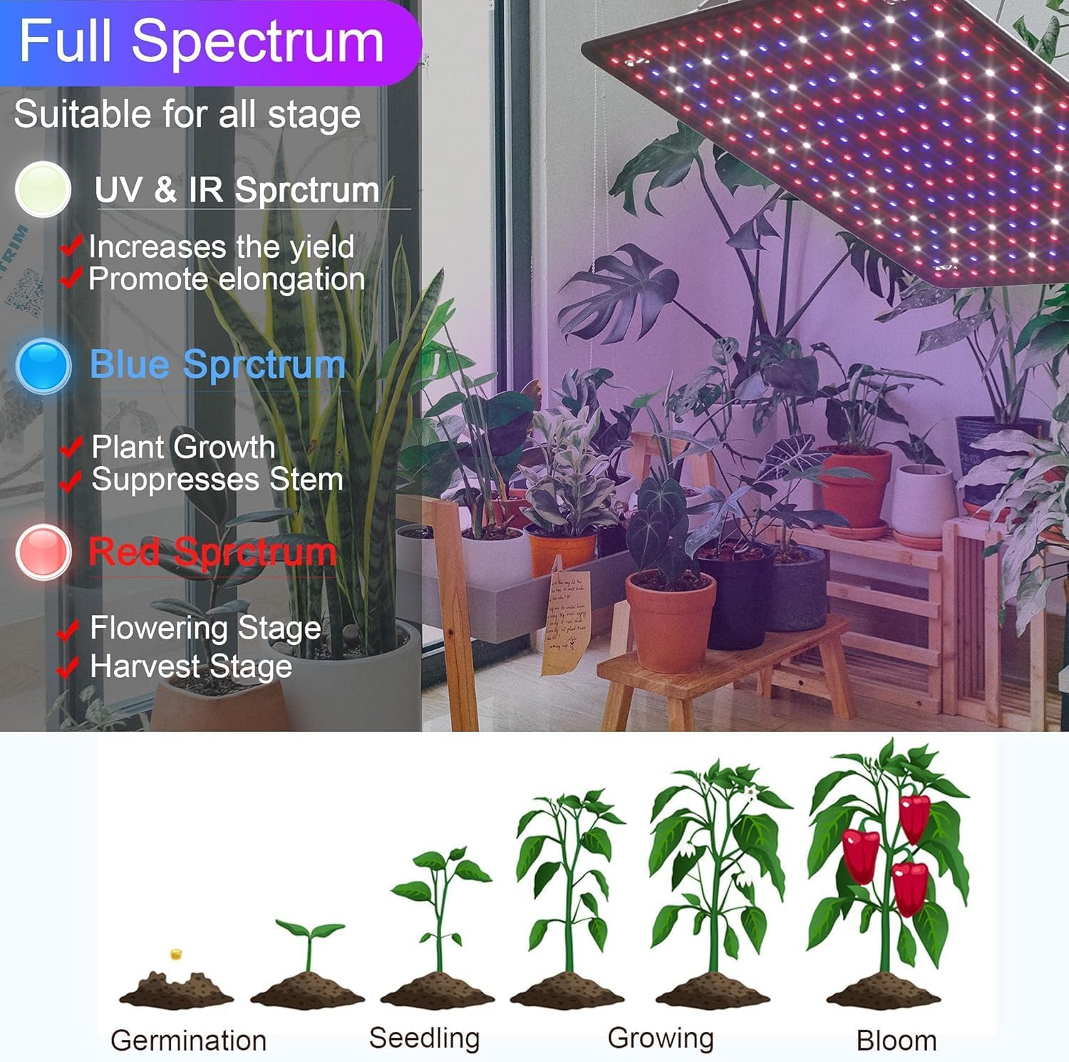 2 Pack LED Grow Light Panel 400W Lamp for Indoor Plants, Full Spectrum with Warm White Blue Red UV IR Leds for 4X4Ft Coverage Grow Tent Greenhouse Veg and Bloom Seedlings Hydroponics image number 3