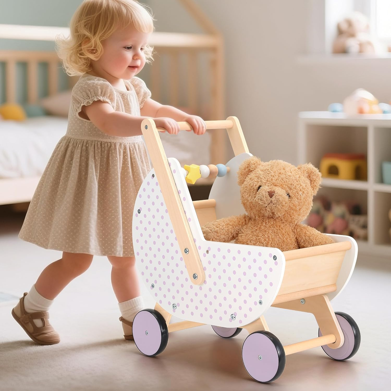 Pillowhale Wooden Baby Walker & Doll Stroller &ndash; Adjustable Handle Push Cart, Anti‑Tip, Quiet Wheels, Pretend Shopping Cart &ndash; Montessori Wooden Walker for Babies, Doll Stroller for Toddlers 12M+ image number 4
