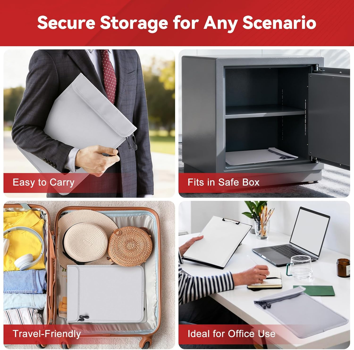 Upgraded Two Pockets Fireproof Document Bag - Kanhiro Water and Fire Proof Bag for Documents, 2192℉ Fireproof Money Bag with Zipper, Important Document Organizer for Passport, Cash, Legal File Safe image number 4