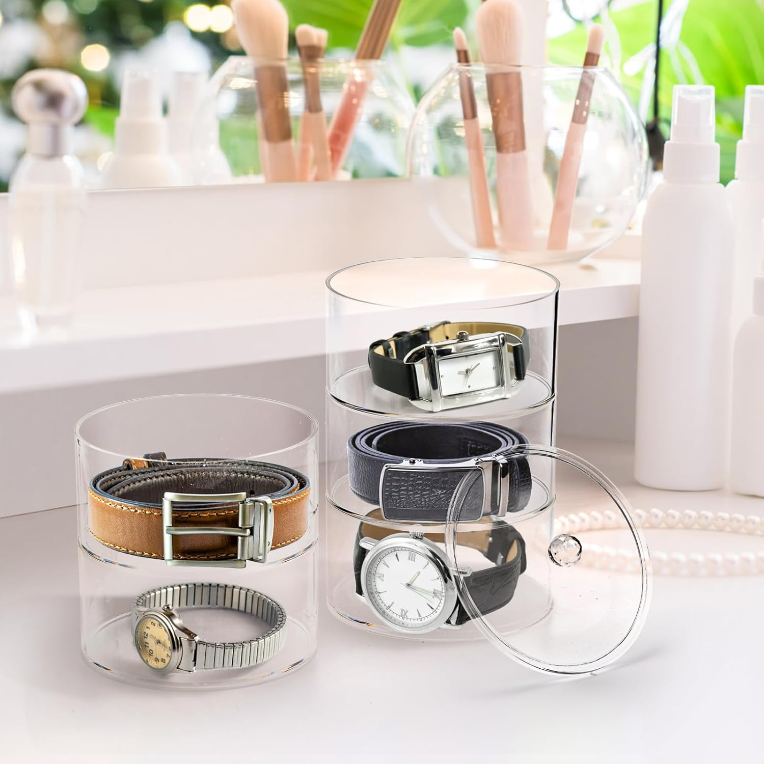 ZENFUN 5 Layers Acrylic Belt Organizer, Stackable Belt Storage Box Clear Display Case Vanity Organizer for Watch, Hair Accessories, Jewelry, Closet and Drawer, 2.6" H X 5.5" Dia image number 1