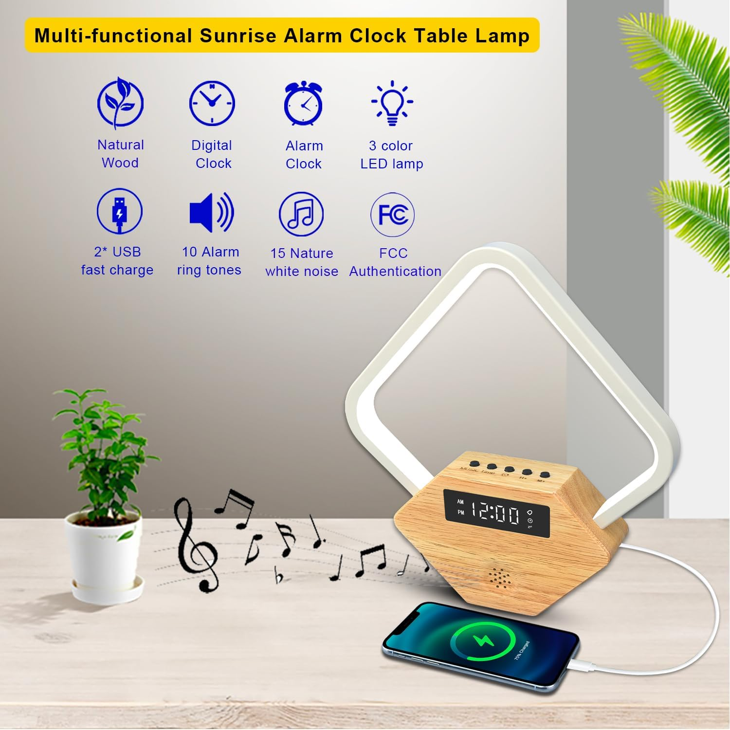 Xunhomon Sunrise Alarm Clock for Bedrooms Heavy Sleepers 15 Sleep Sounds White Noise Machine Baby 3 Color Table Lamp 10 Ringtones for Audit with QC3.0 & PD22.5W USB C Fast Charger image number 2