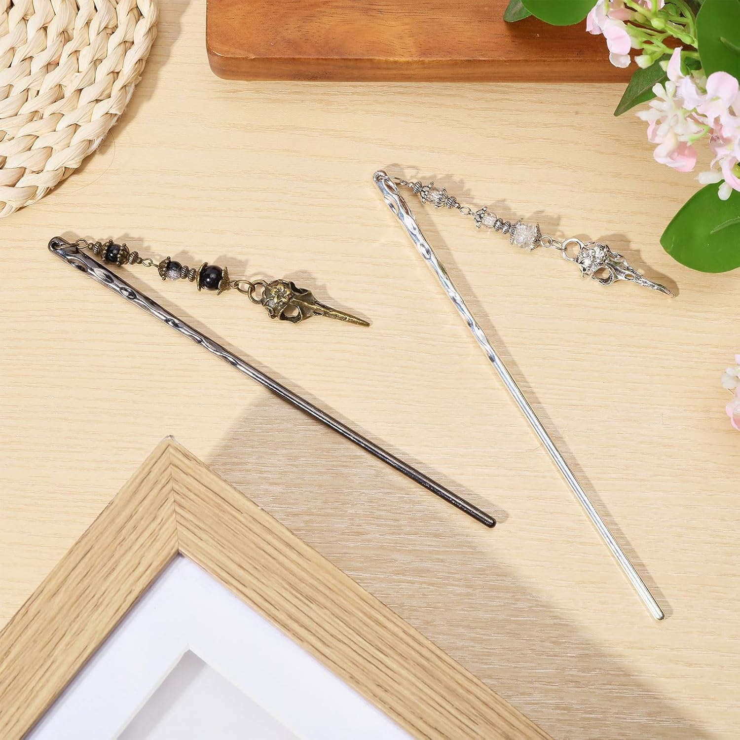 CHGCRAFT 2Pcs 2 Colors Bird Skull Hairpin Alloy Glass Hair Sticks Accessories Hair Sticks Buns for Woman, Silver and Golden, 10.6Inch image number 1