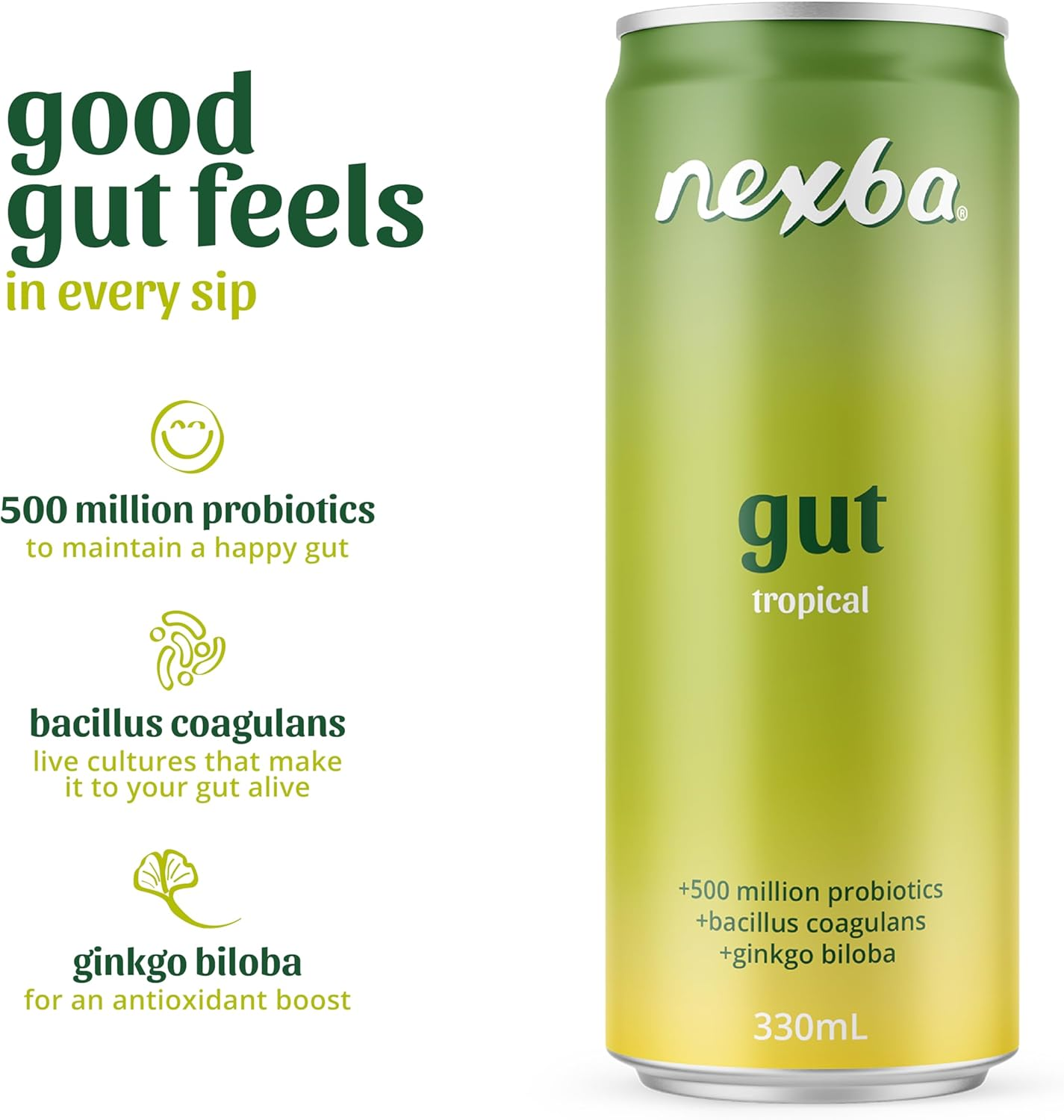 Nexba Nootropics &ndash; Gut &ndash; Tropical &ndash; All Natural Sugar Free &ndash; 24 X 330Ml Cans image number 2