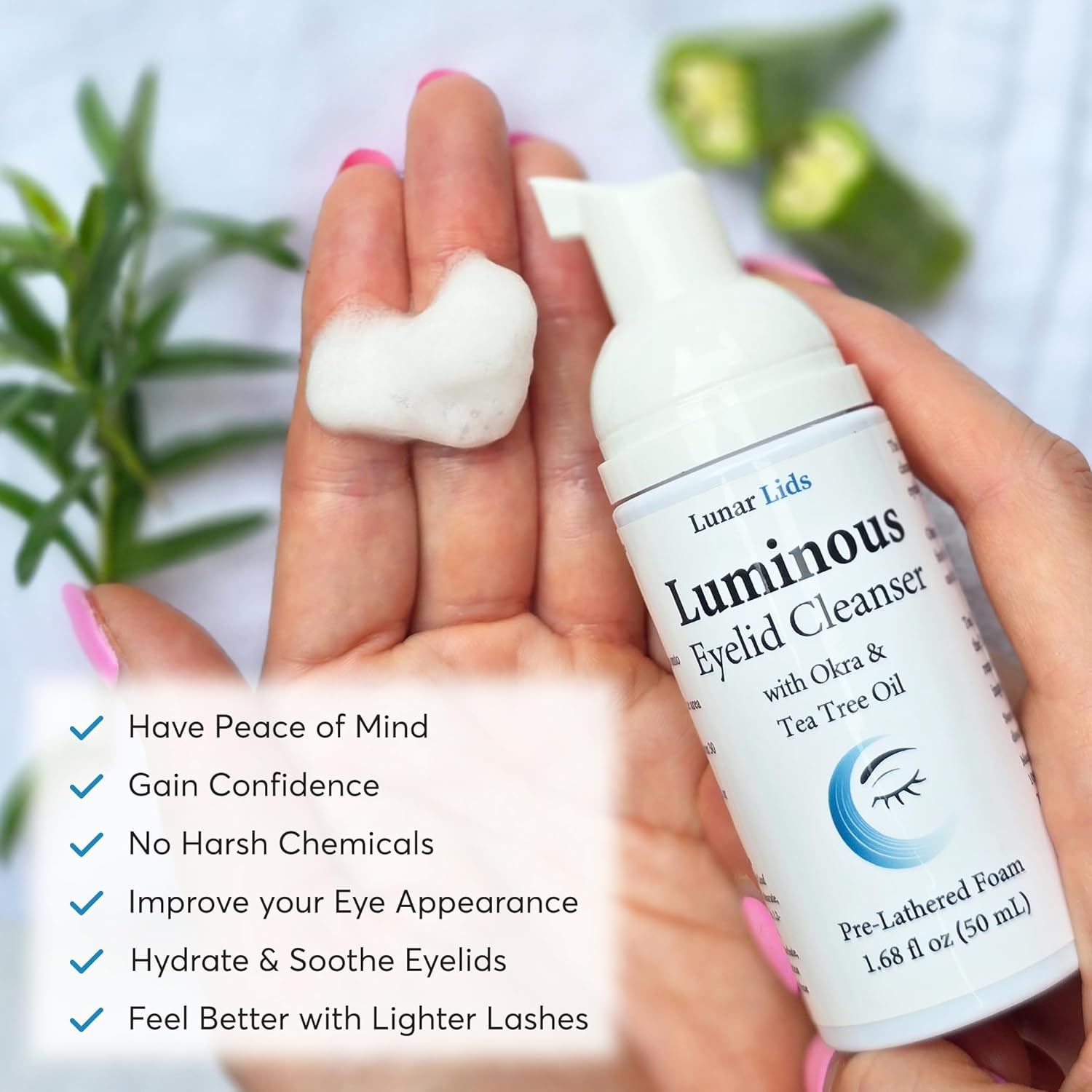 Luminous Eyelid Cleanser with Okra Extract & Tea Tree Complex, Foaming Cleanser/Wash - Cleanses Eyelids and Lashes, Remove Debris and Makeup, Lid Scrub, Skin Moisturiser, Eyelid Care - 50Ml image number 4