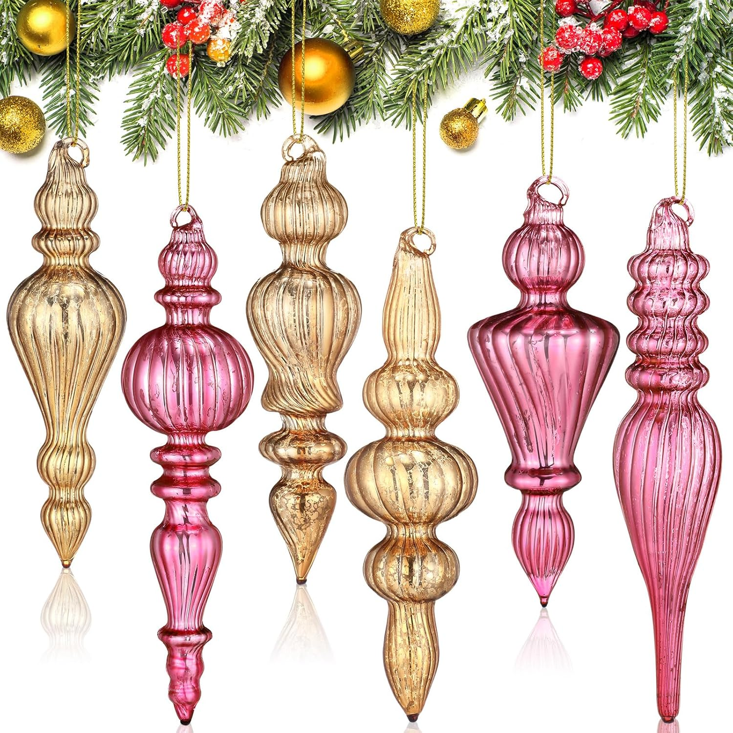 Soaoo 6 Pcs 6.3 Inch Mercury Glass Finial Christmas Ornaments Hanging Christmas Finials Glass Ornaments Assorted Mercury Decor for Xmas Tree Vintage Holiday Decoration(Red, Green,Novel) image number 6