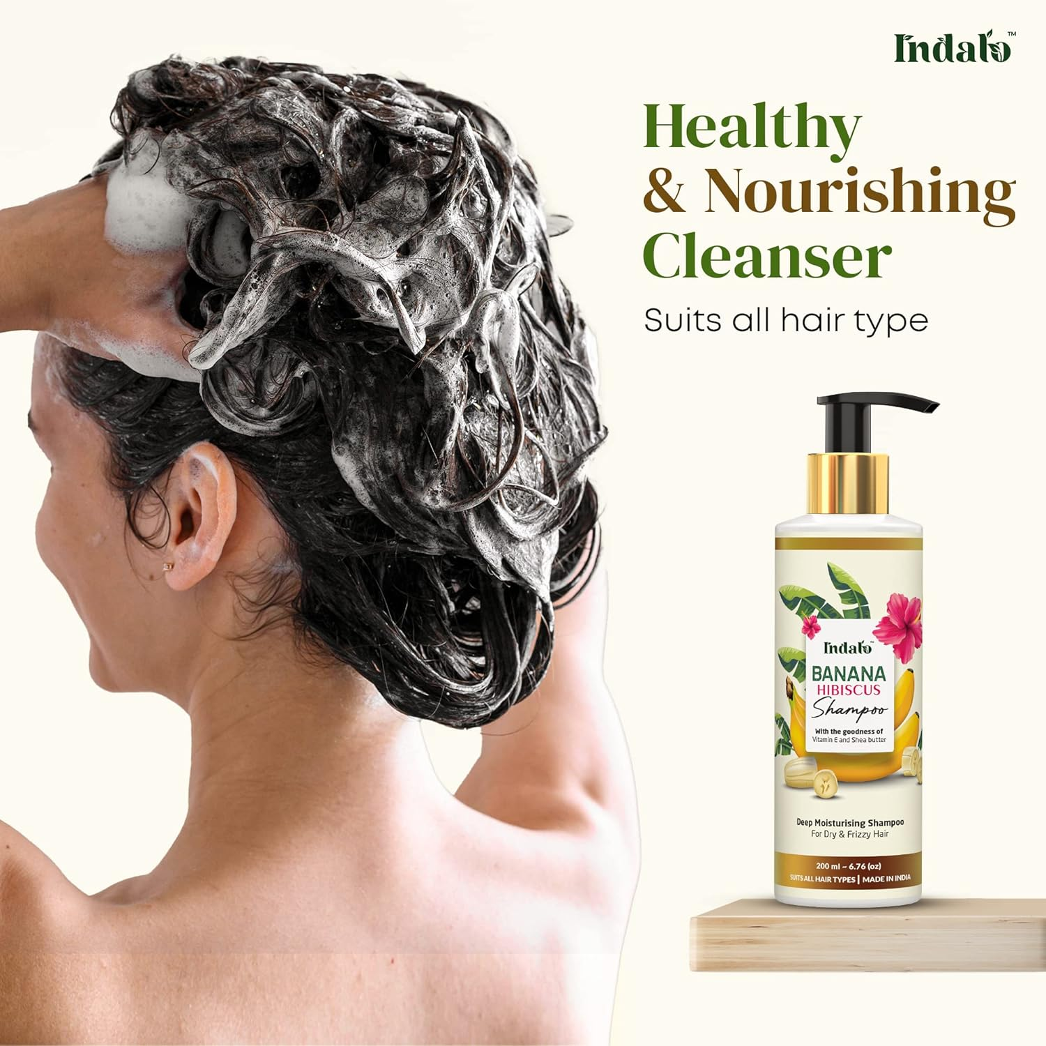Indalo Banana Hibiscus Deep Moisturizing Hair Volumizing Shampoo with Vitamin E and Shea Butter for Dry & Frizzy Hair, Paraben & Sulphate Free, UV Protection - 200Ml image number 4