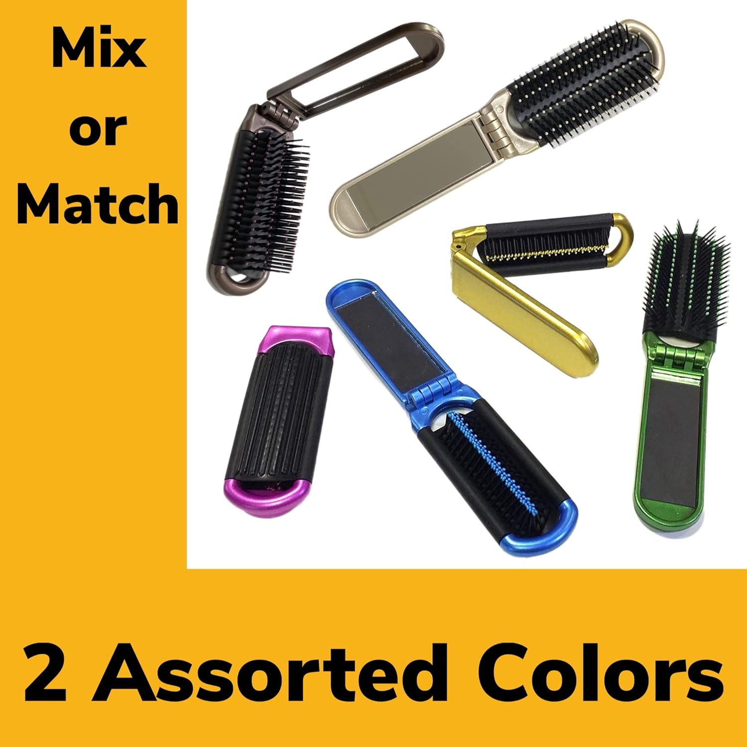 ALAZCO 2 Assorted Colors Folding Hair Brush with Mirror Compact Pocket Size Travel Car Gym Bag Purse Locker Swimming Camping Sleepover Gift and More image number 4