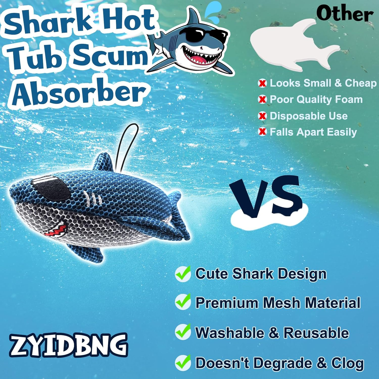 1 Pack Shark Hot Tub Scum Absorber for Hot Tubs and Pools Reusable Oil Absorbing Sponge Shark(Blue Shark, Unit Count, 1) image number 6