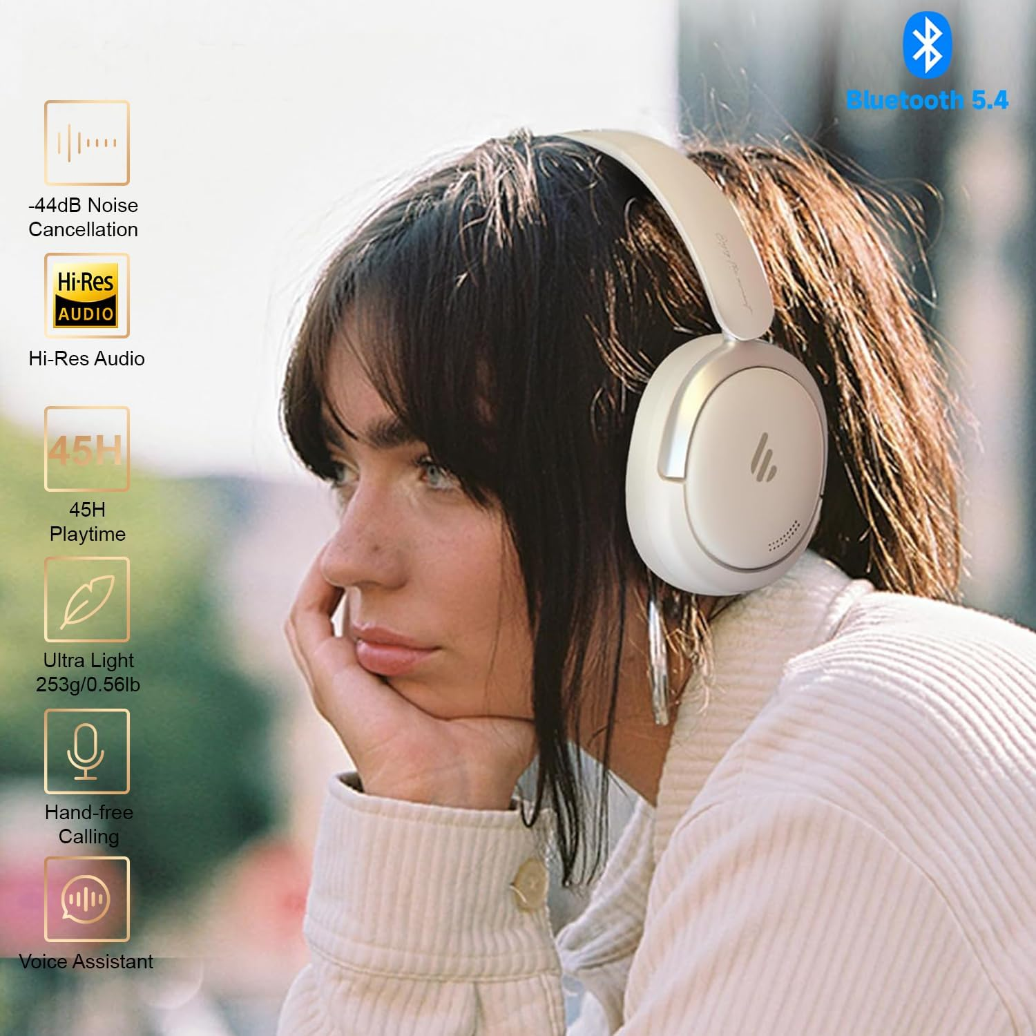 Edifier Atom Max 44Db Active Noise Cancelling Headphones Bluetooth 5.4 over Ear Headset with Transparent Mode, Hi-Res Audio, Built-In Mic, Multipoint Connection, APP Customize, USB-C Wired Mode, White
