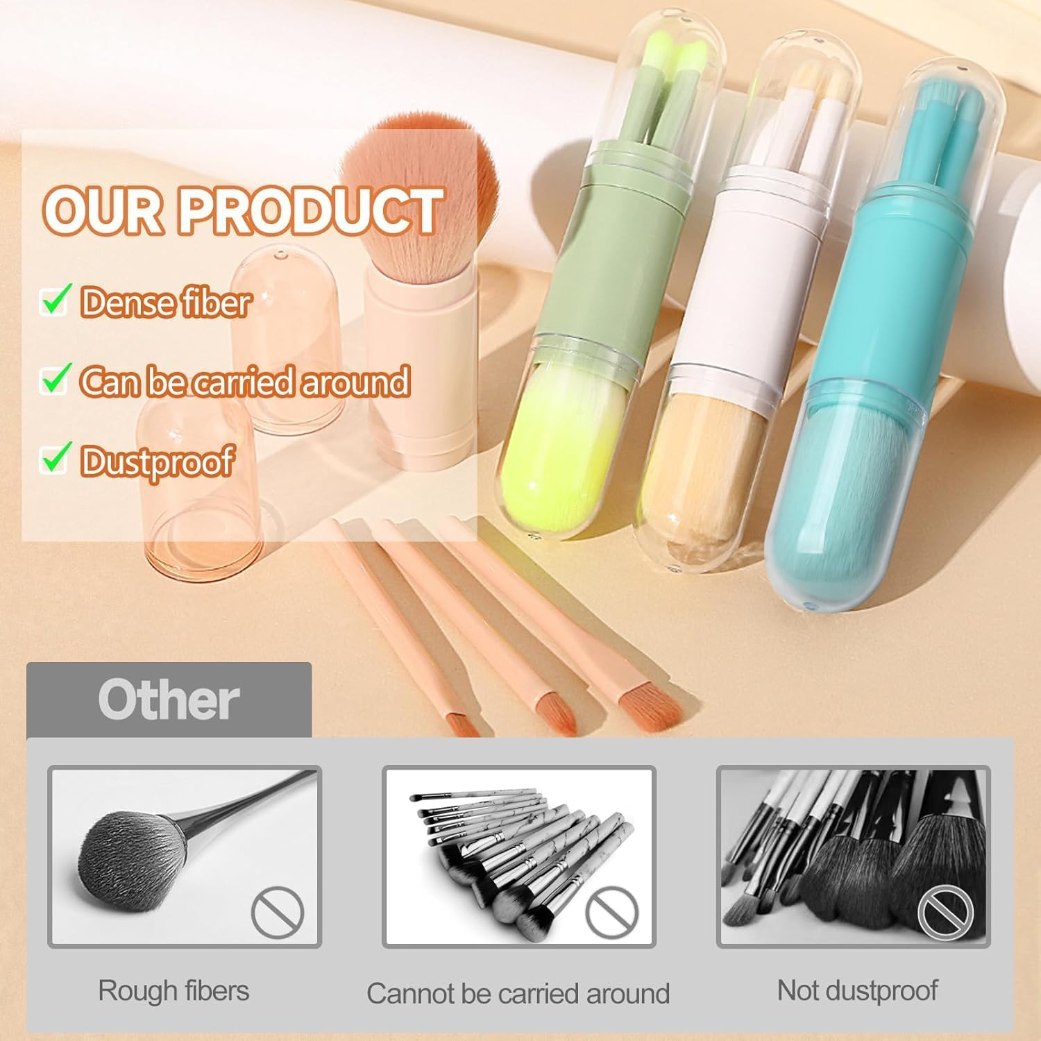 Travel Makeup Brush Set with Case, 4 in 1 Mini Cute Makeup Brush Retractable Professional Foundation Blending Powder Eye Shadow Brush for Women Facial Cosmetics Makeup Brush Set(Apricot) image number 6