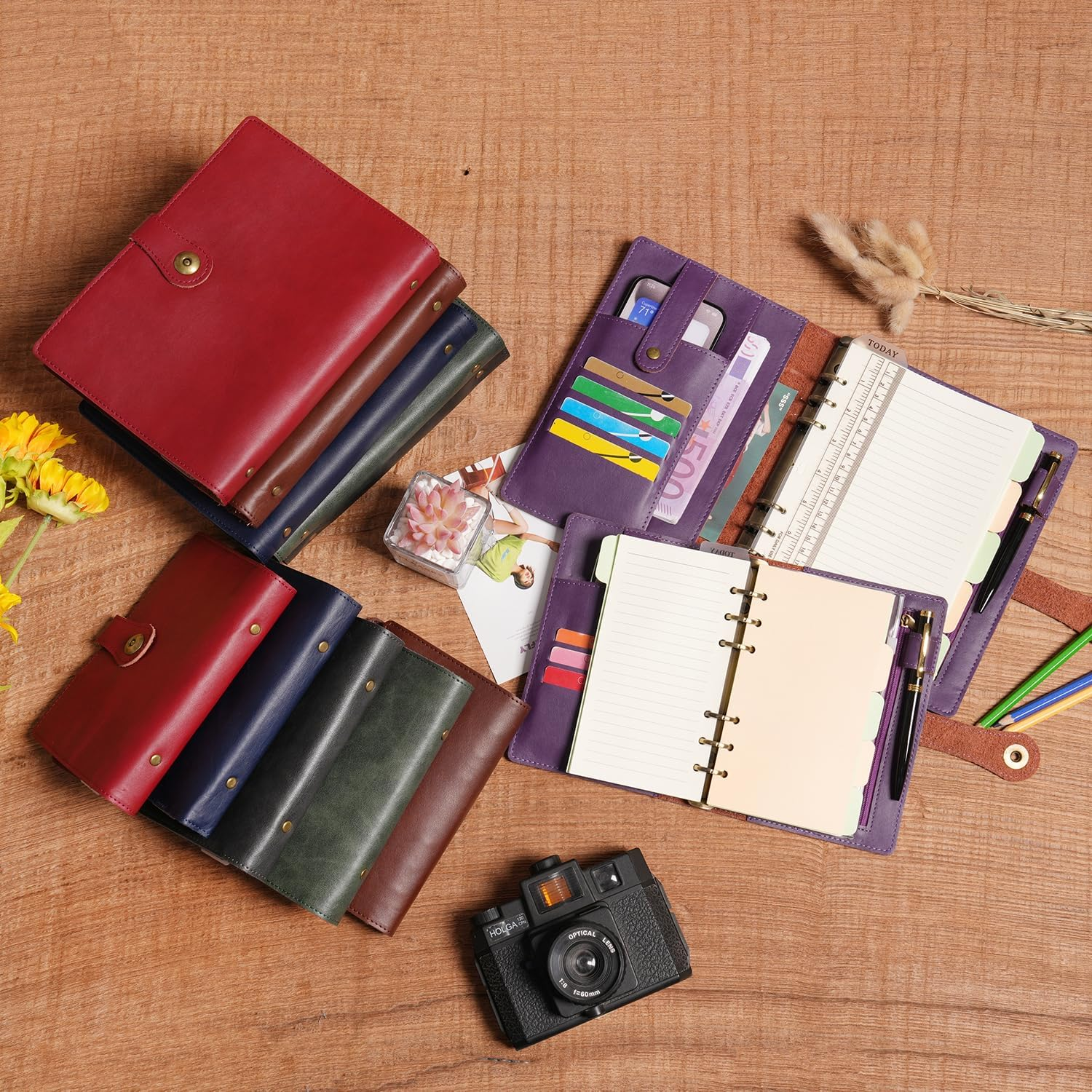 Wonderpool A5 Binder Journal Leather Spiral Notebook Refillable College Ruled Paper, Budget Binder Rings Diary Organizer with Pen for Office School Travel Business Planning Writing (Wine Red,A5) image number 6